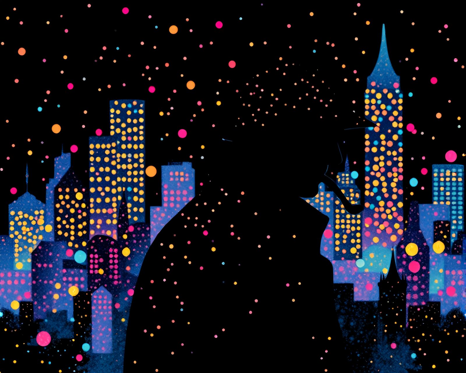 Silhouette of Sherlock Holmes in colorful pointillist dots and neon glow