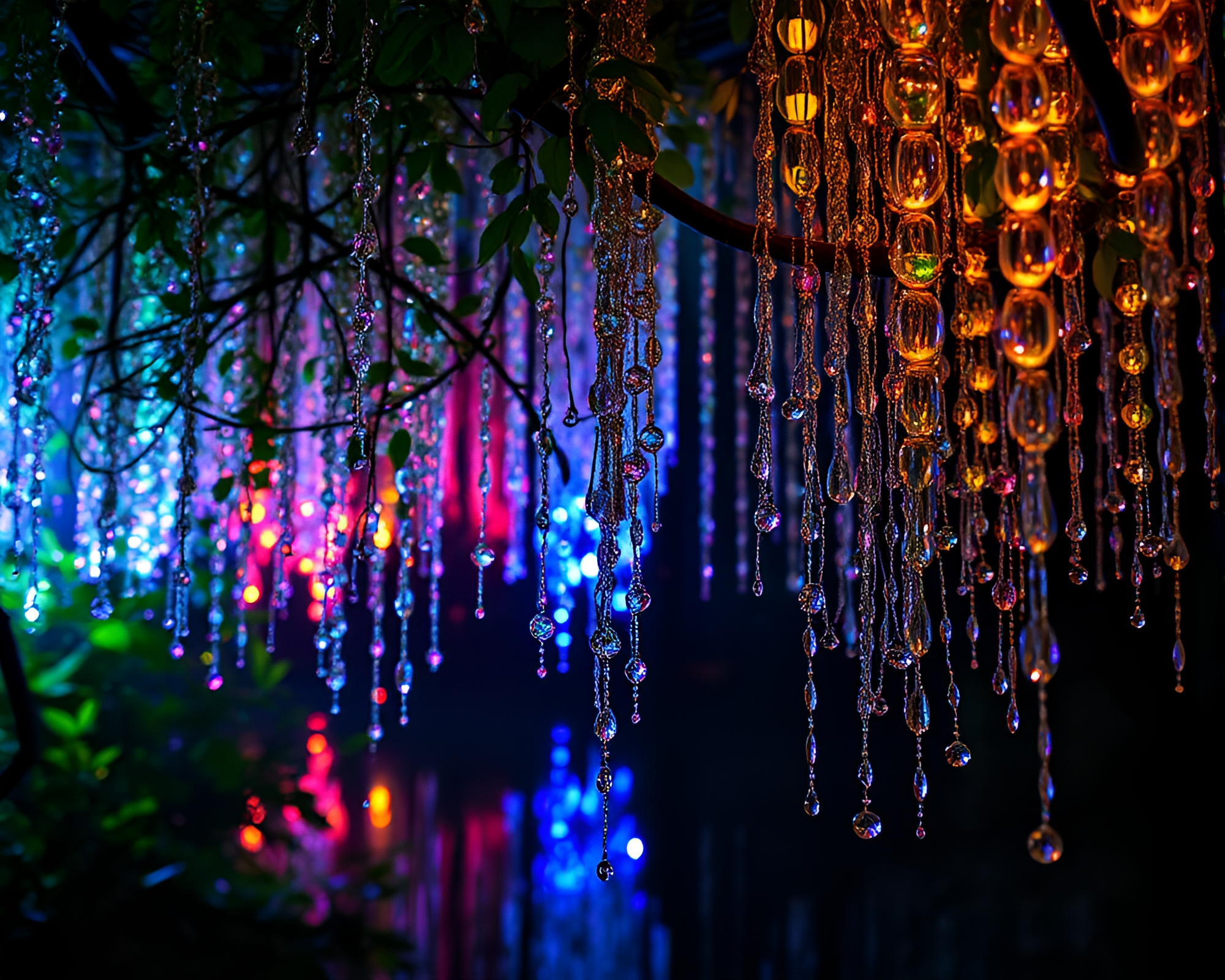Moonlit Rainforest Canopy through Wet Glass Beads – free AI stock image