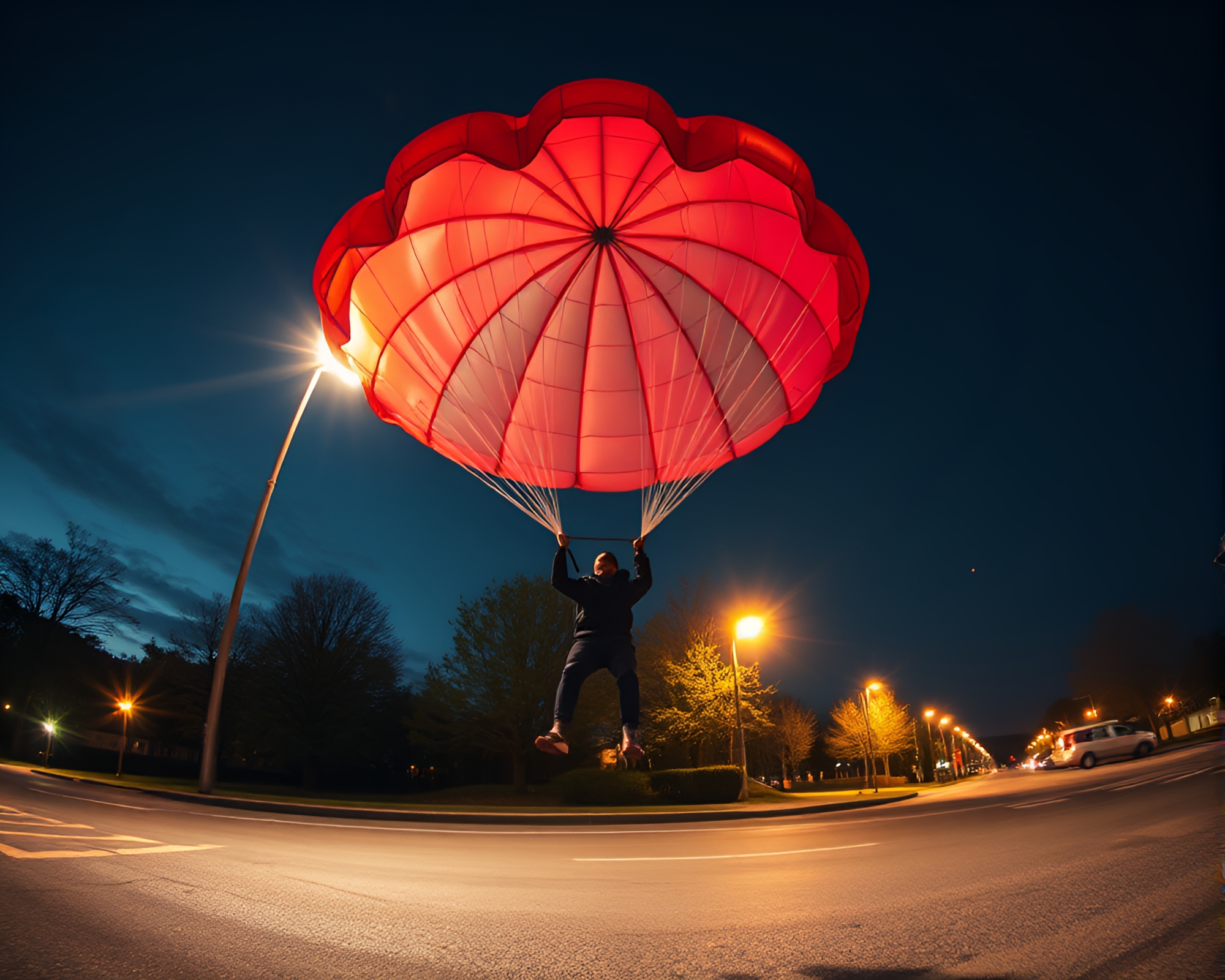 Parachute Jumper Soaring Through Glowing Streetlamp-Lit Cities – free AI stock image