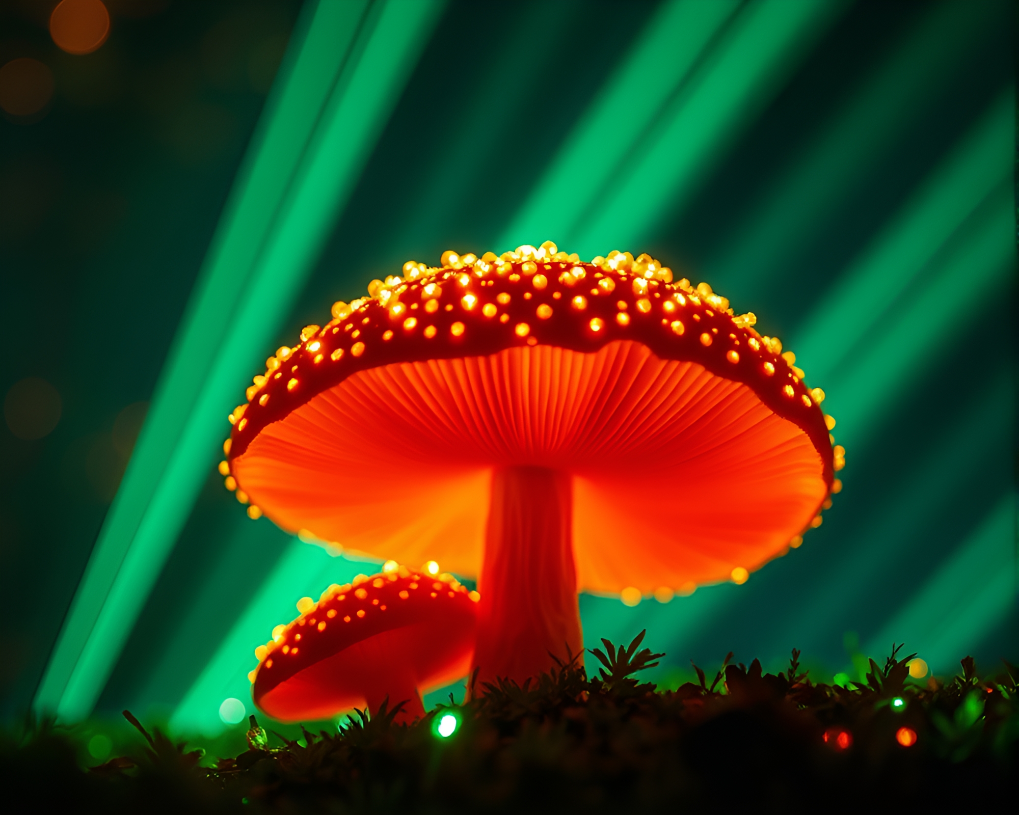 Bioluminescent Fungi under Laser Beam Illumination – free AI stock image
