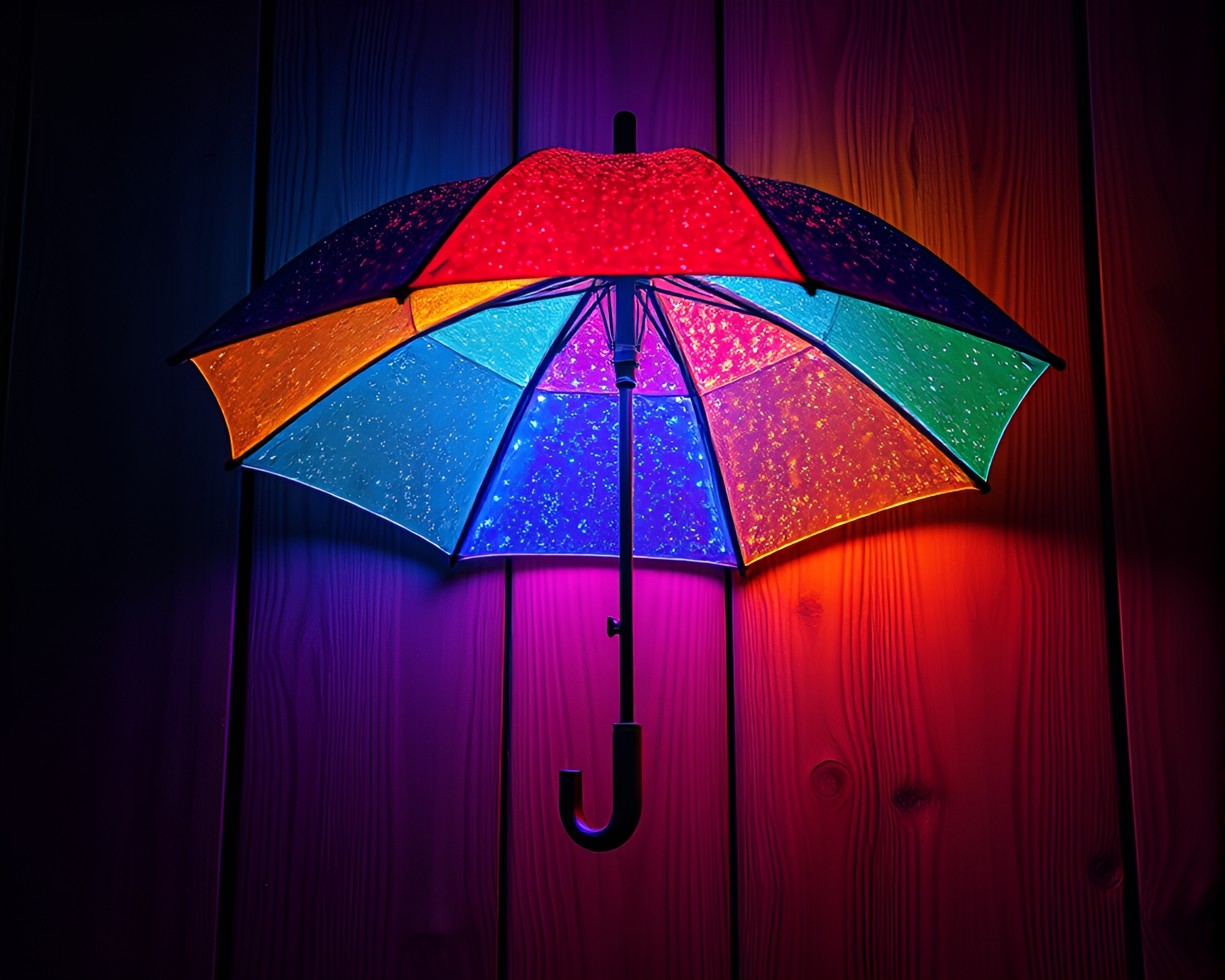 Neon-lit Umbrella Among Triadic Wood Grain Symphony – free AI stock image
