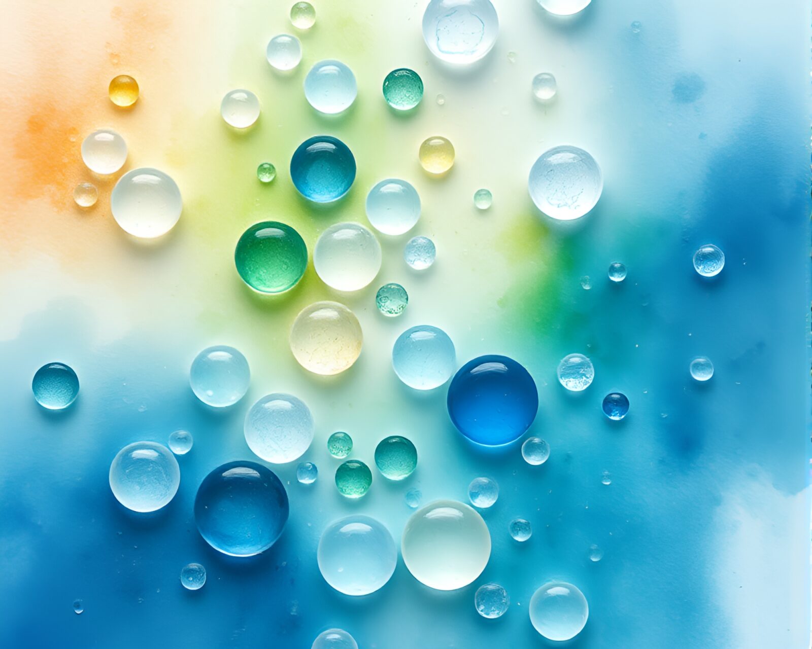 Waterfall cascading behind textured wet glass beads in watercolor tones