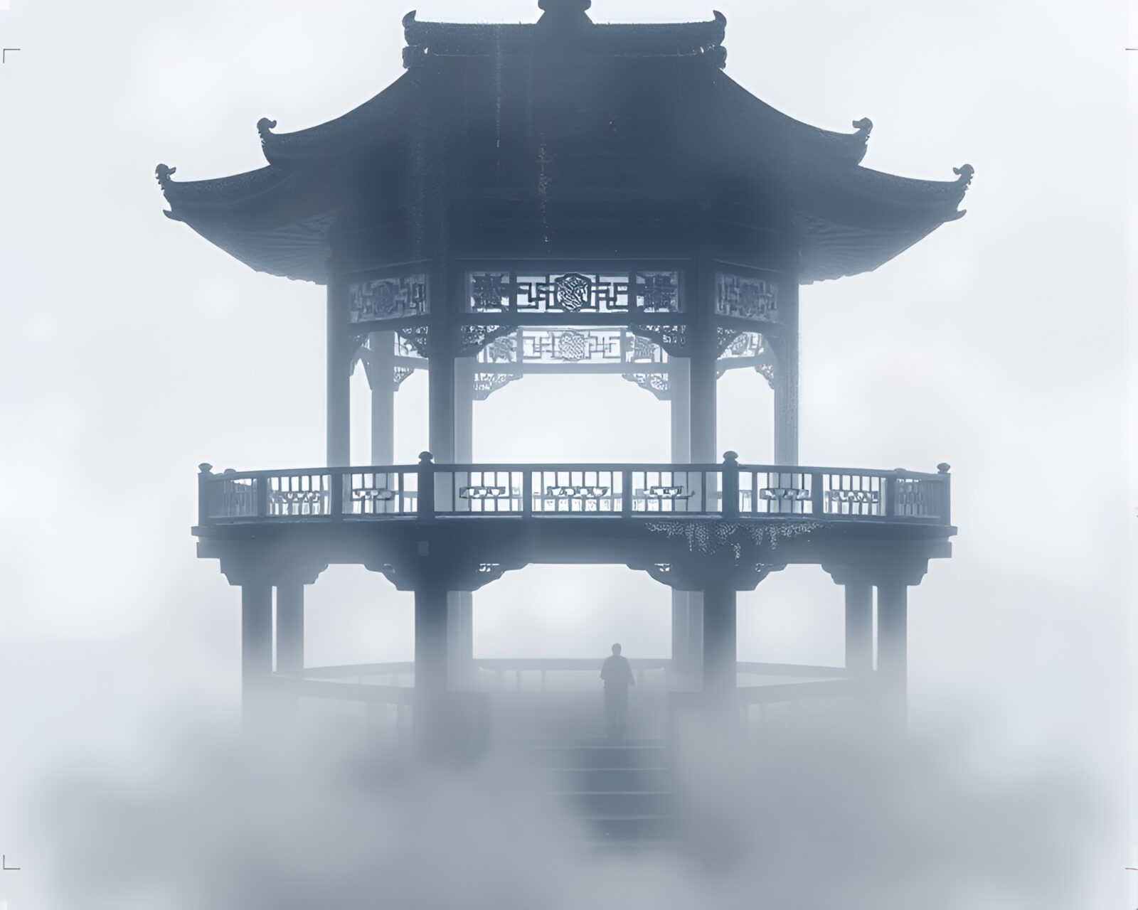 Etched floating pavilion in pixelated misty light
