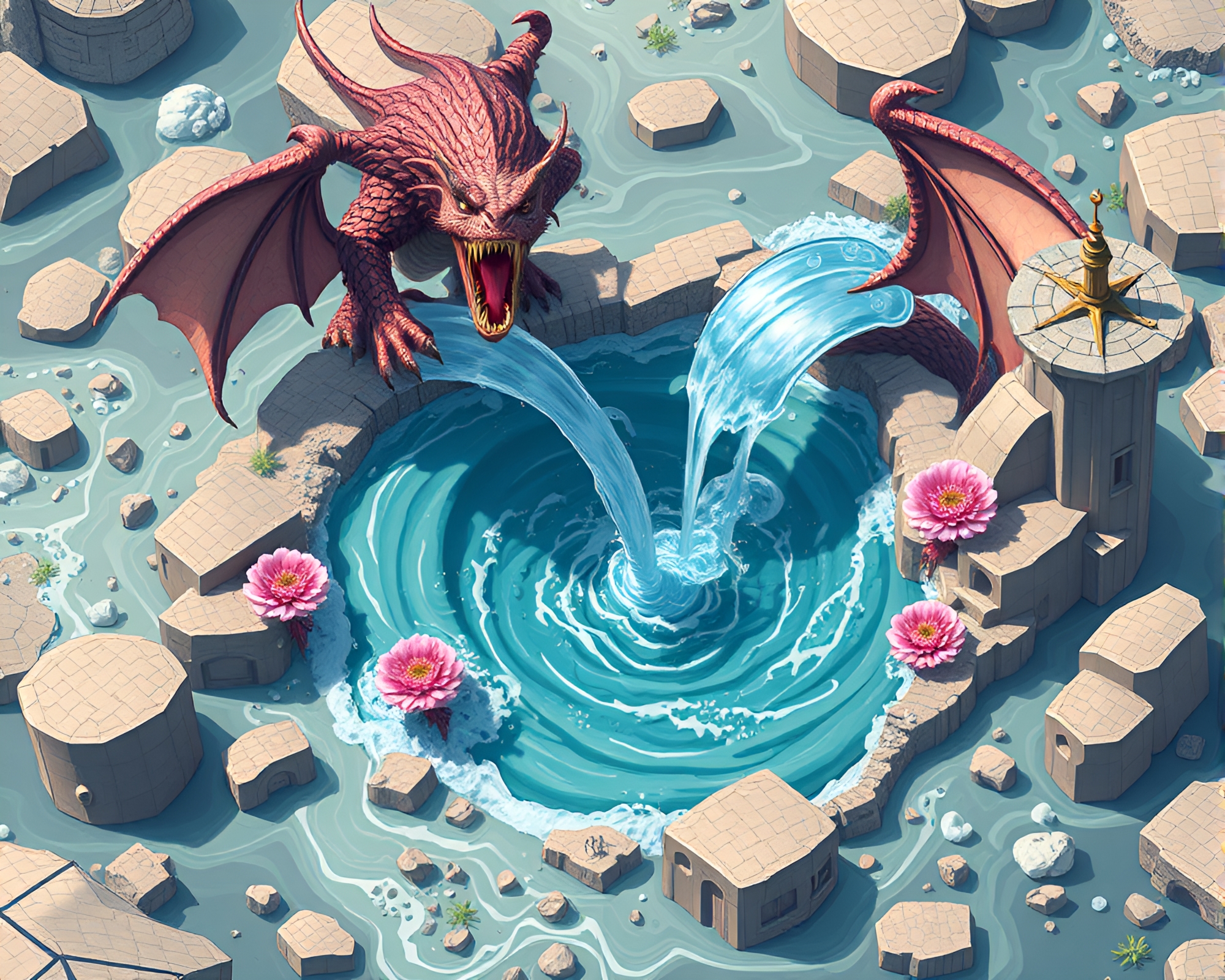 Cerberus Guarding Isometric Water Whirlpool – free AI stock image