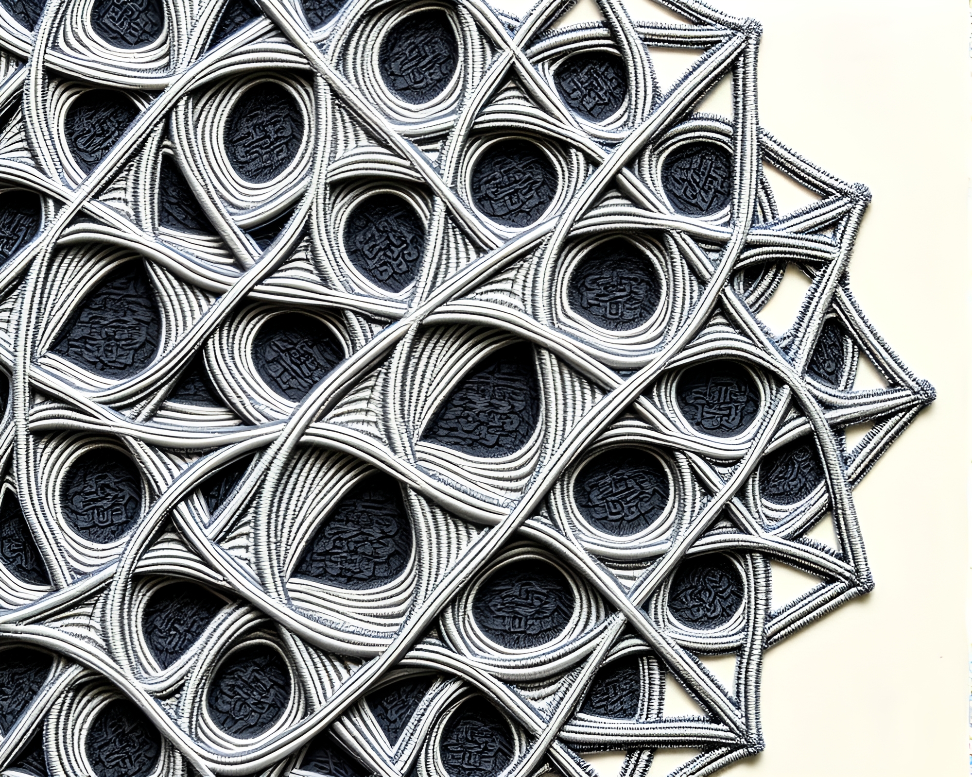 Escher-inspired woodcut of embroidered tessellations – free AI stock image