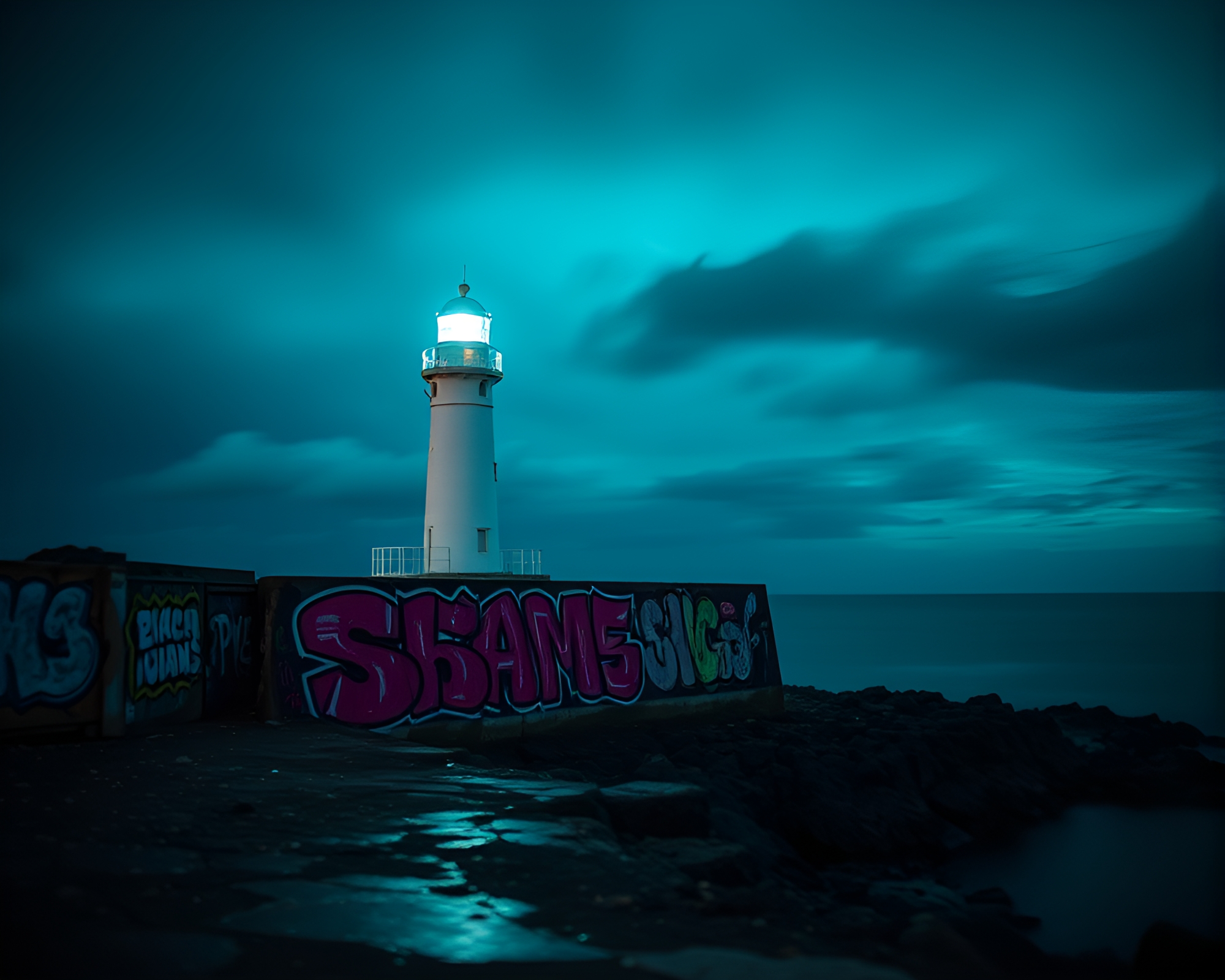 Graffiti Drips at Bioluminescent Lighthouse – free AI stock image