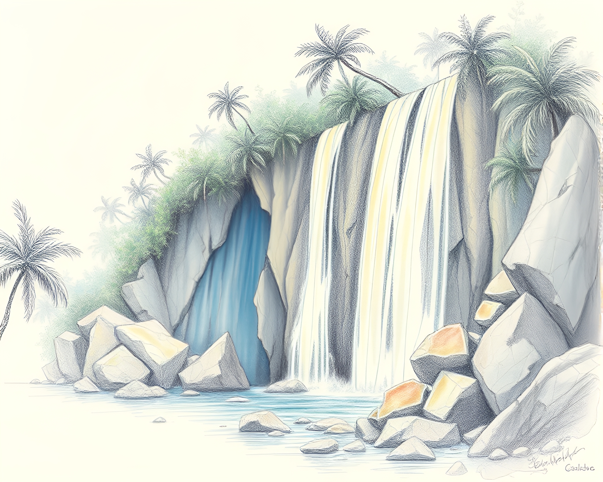 Tropical Waterfall Mosaic Sketch – free AI stock image