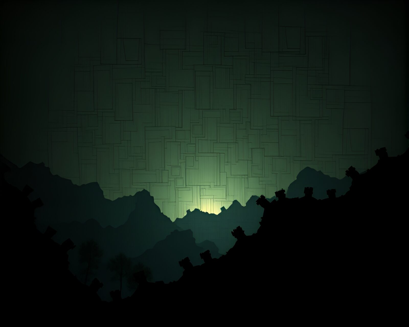 Silhouette of intricate Escher tessellations in twilight haze