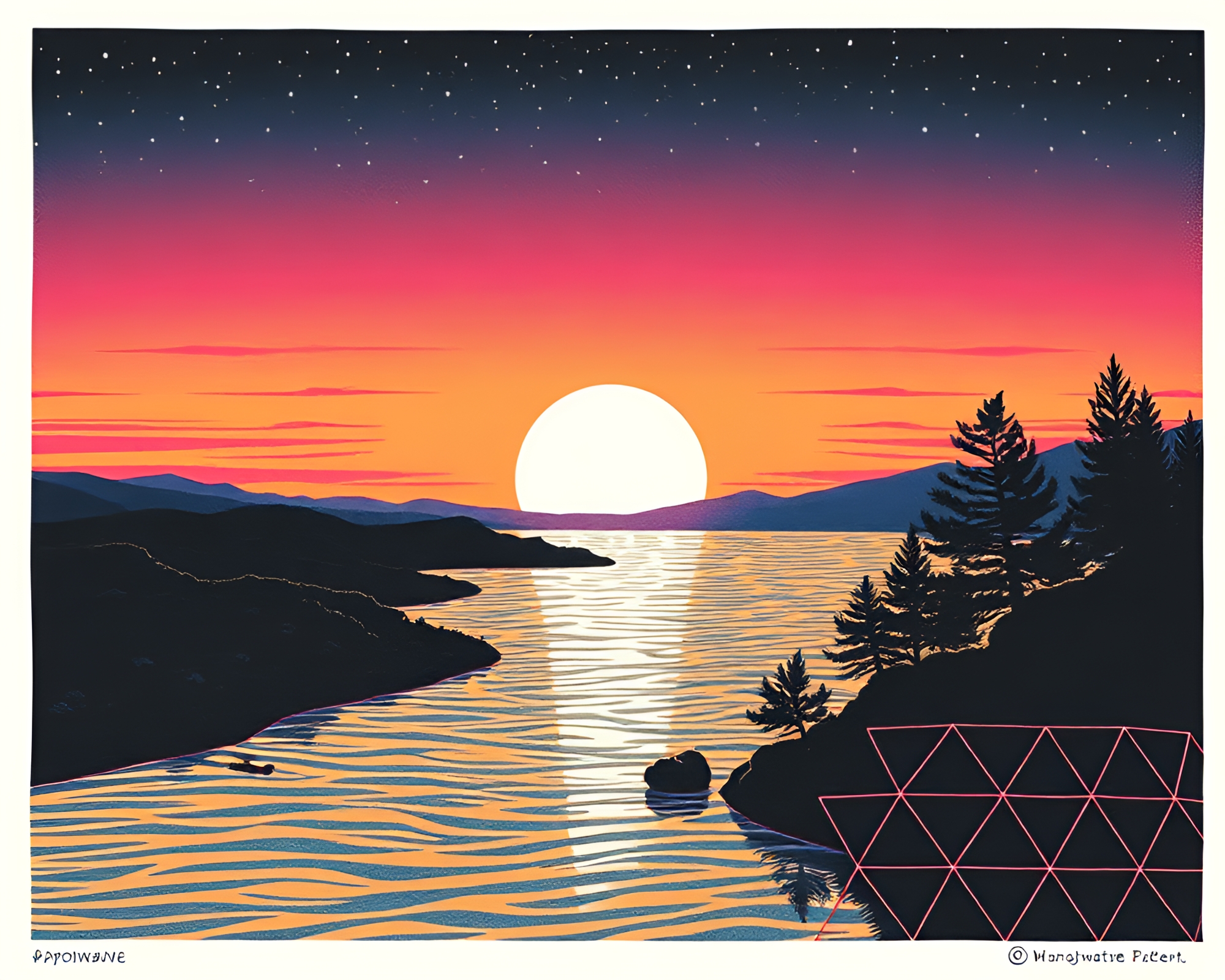 Vaporwave Sunset Geometric Firefly Linocut Print – free AI stock image