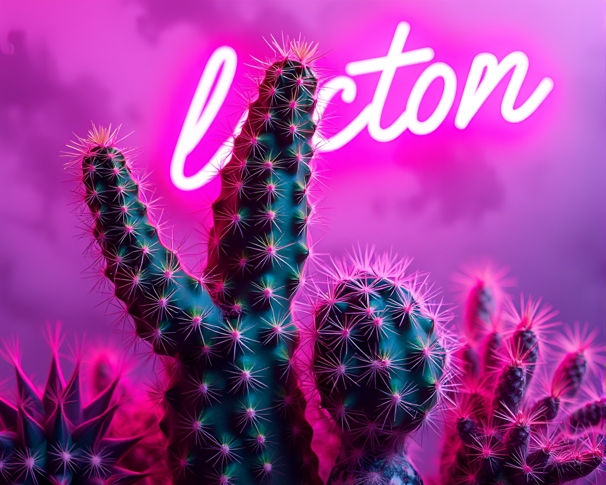 Vibrant Neon Cactus Collage in Dreamy Haze – free AI stock image