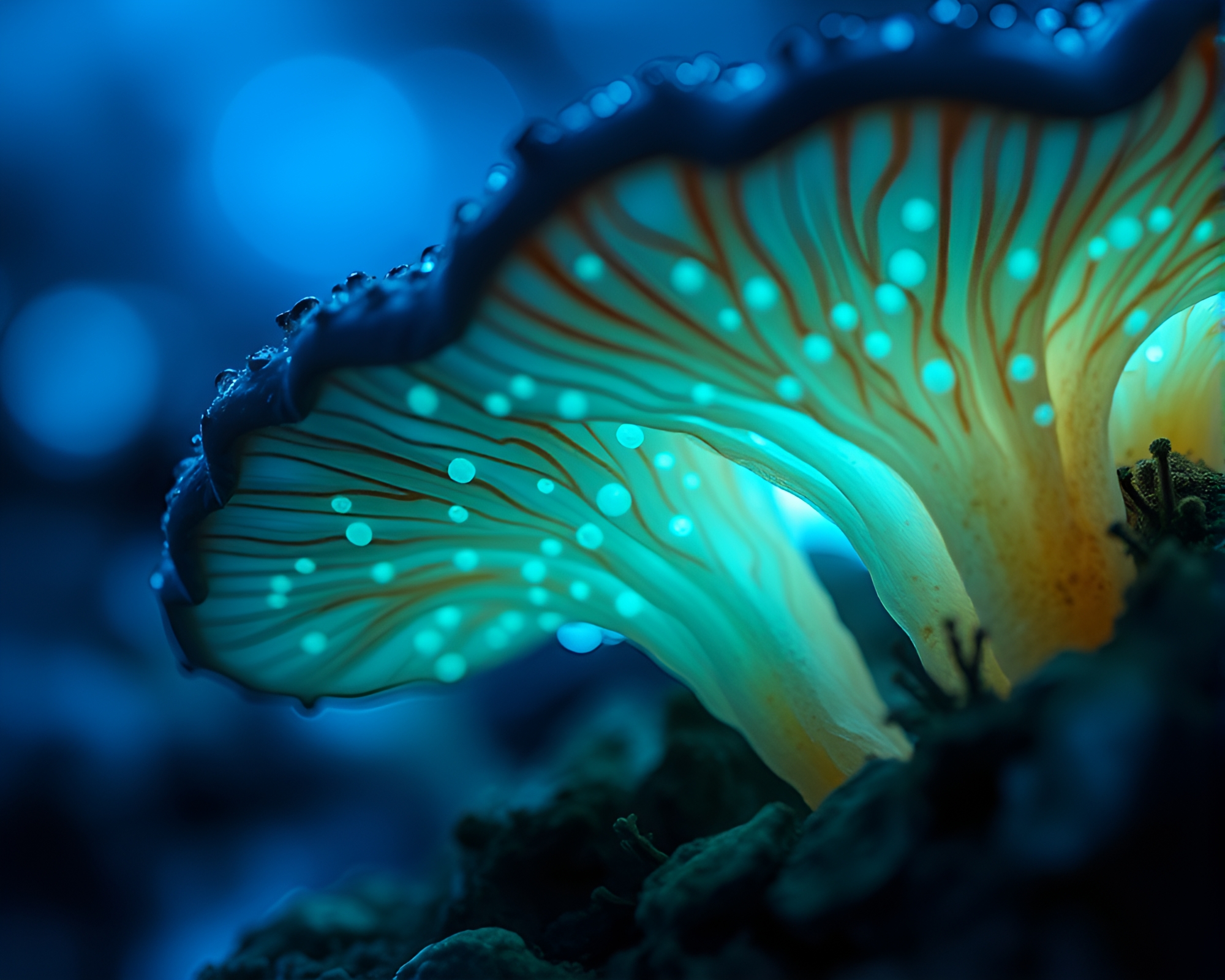 Bioluminescent fungi in manga close-up – free AI stock image