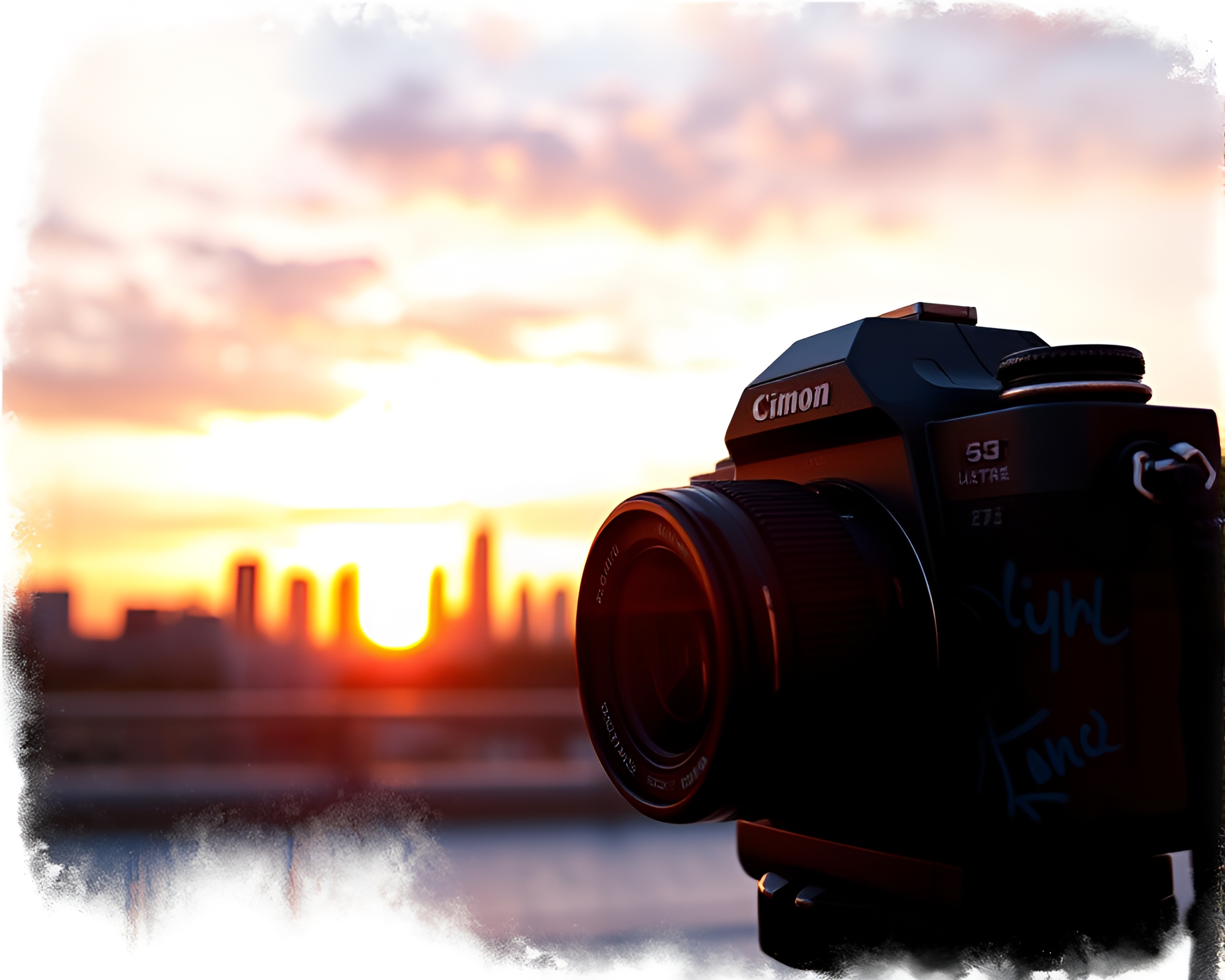 Skyline Sunset Vignette Camera Graffiti Art – free AI stock image