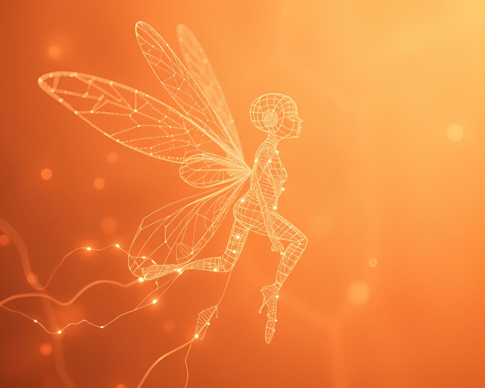 A hyper-realistic fairy in sepia tones made of neon wireframes
