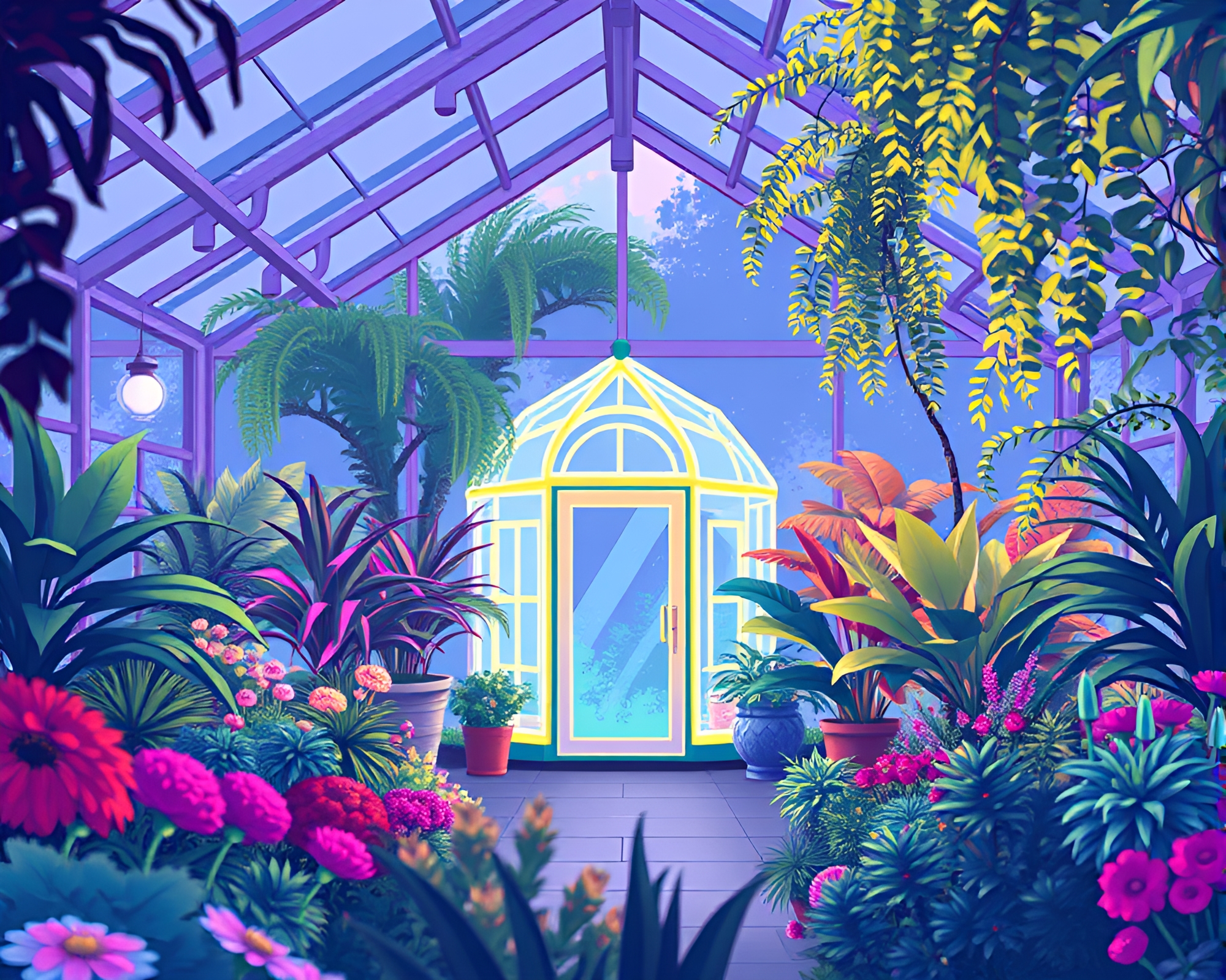 Pixel Art Glass Greenhouse with Pastel Neon Lighting – free AI stock image