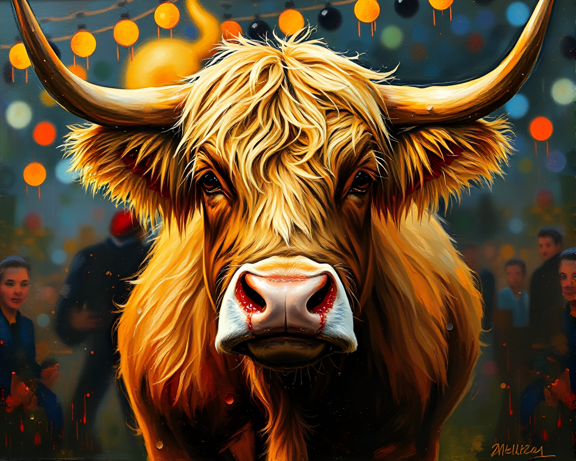 Highland Cow in Carnival Light Palette Knife Painting – free AI stock image