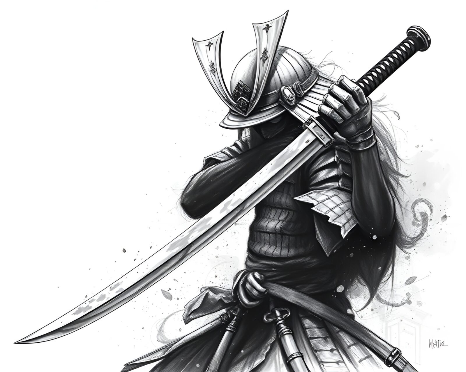 Detailed charcoal sketch of a samurai warrior with hatching