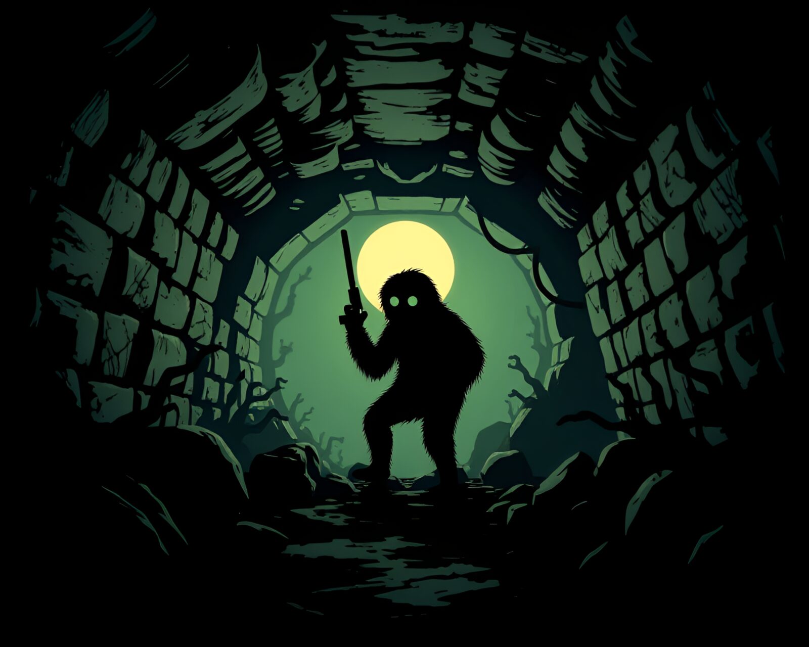 Dark basement scene with sloth-shaped silhouette in comic style