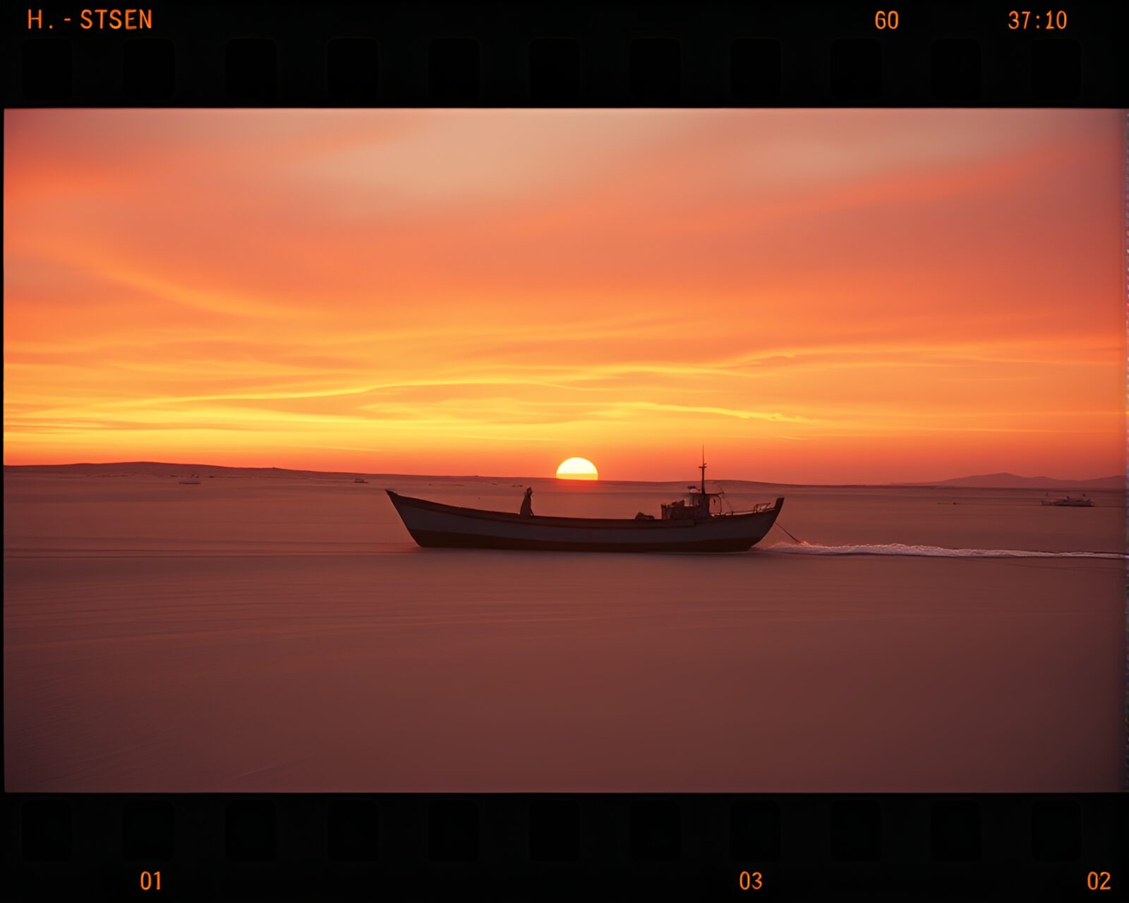 A cinematic scene of a hydrofoil boat gliding through the desert with film sprocket holes