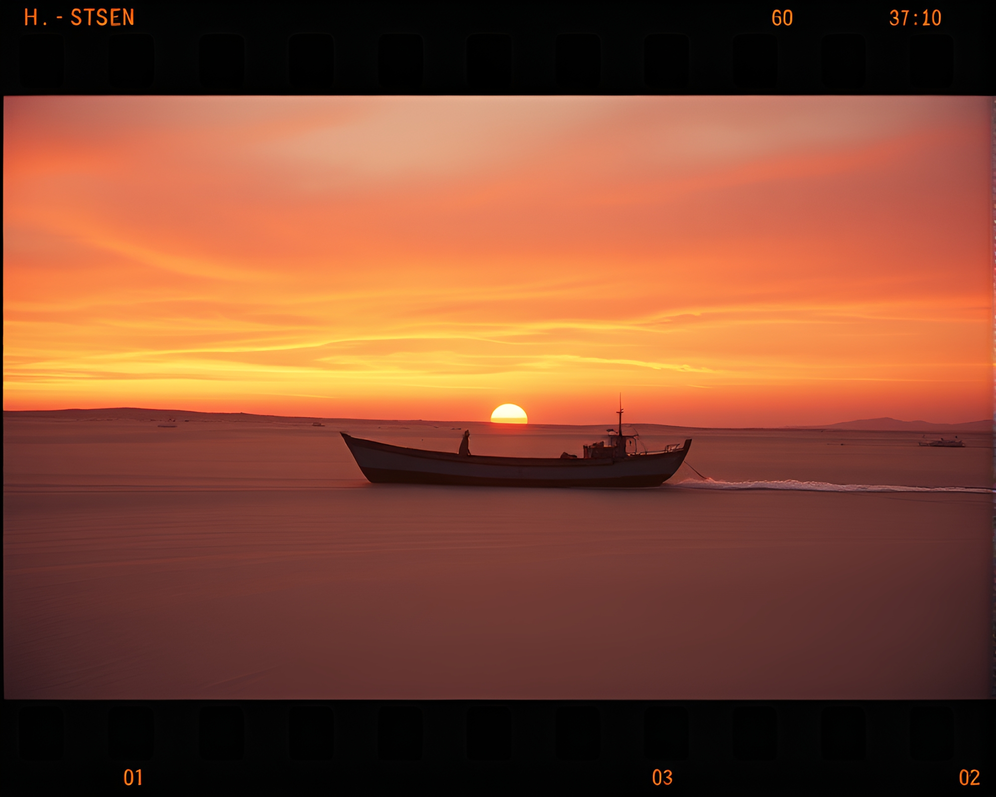 Surreal Desert Sunset Hydrofoil Boat Film Composition – free AI stock image