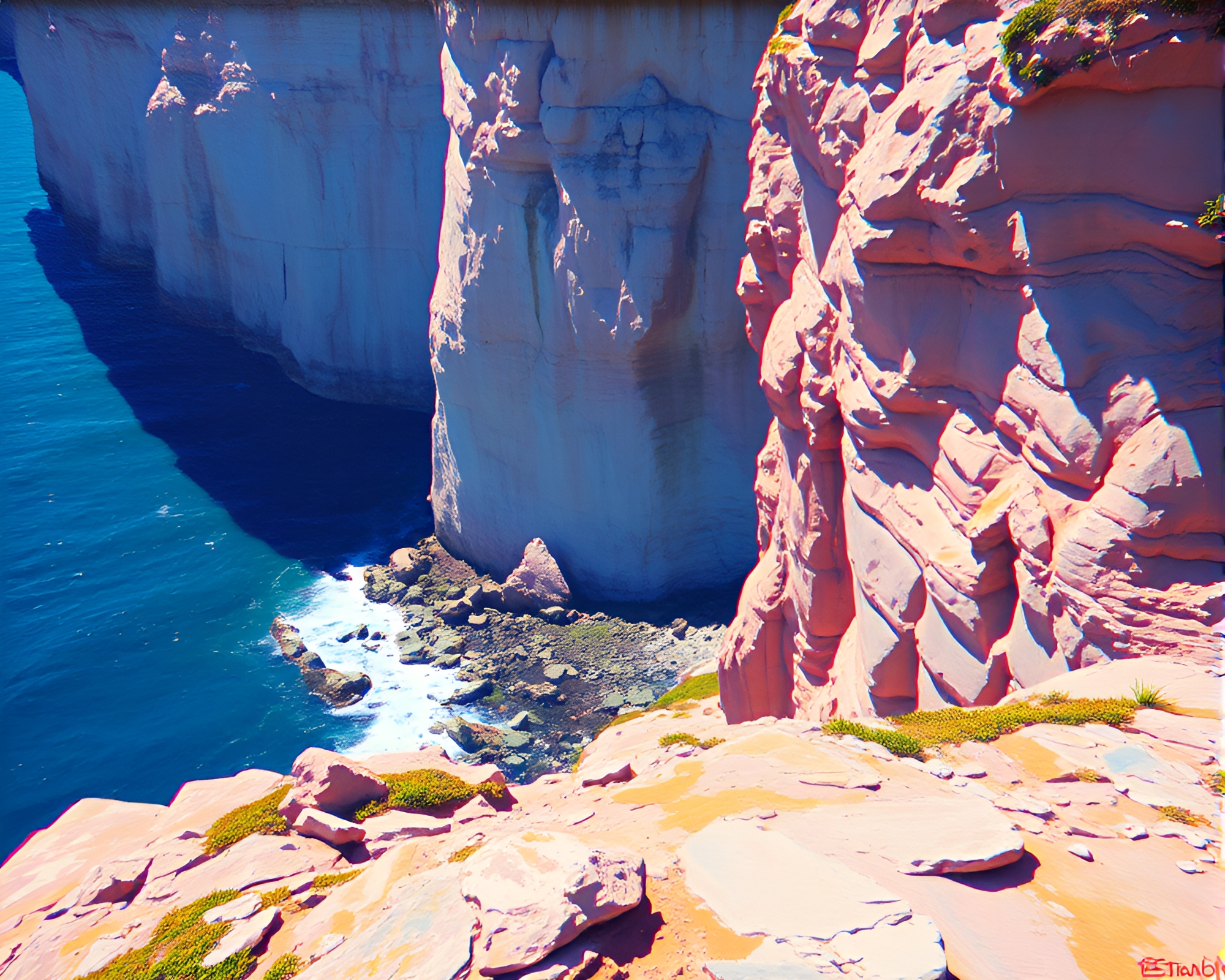 Chromatic Cliffside Glitch Art – free AI stock image