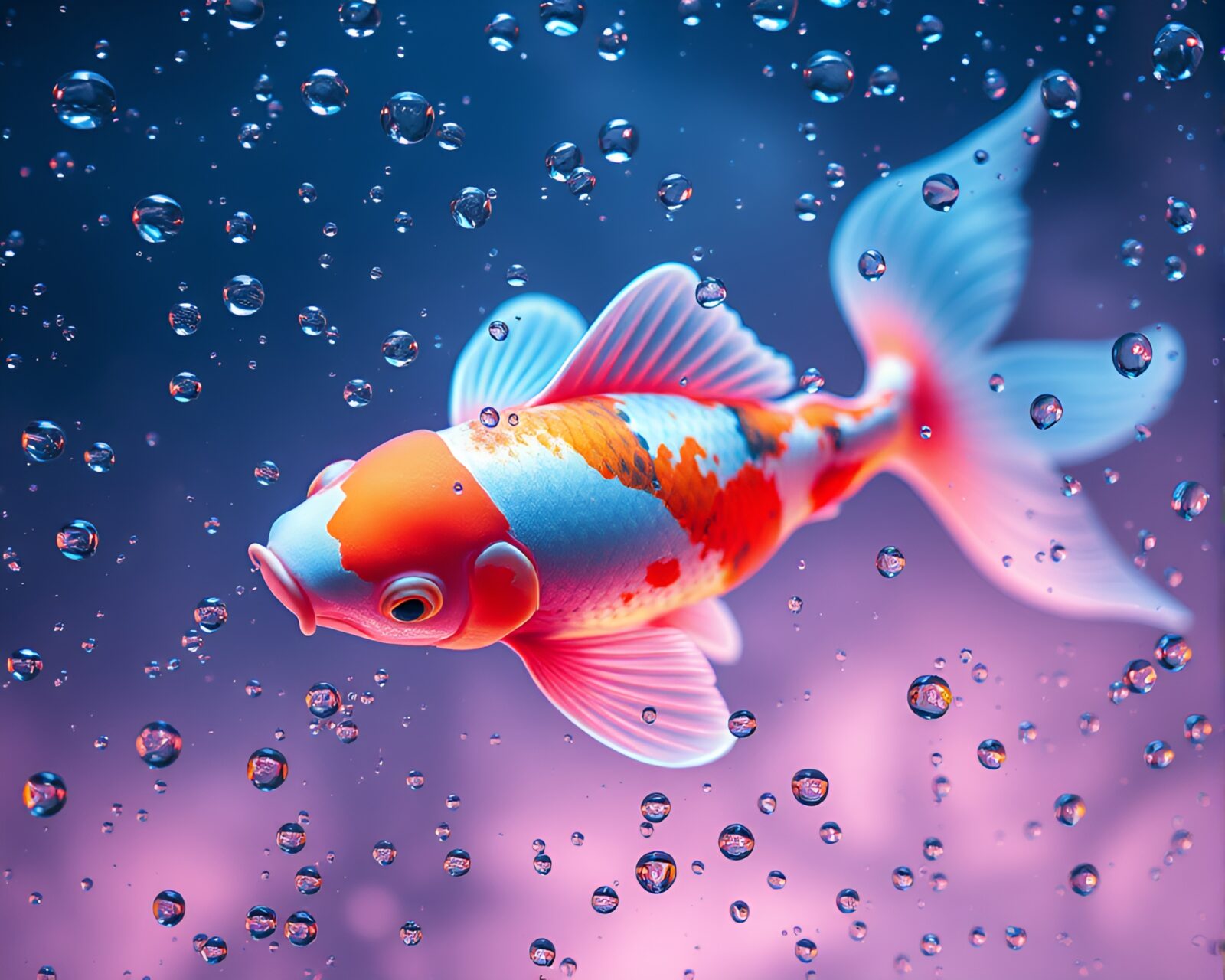 Abstract image of vaporwave style koi fish in icy water drops