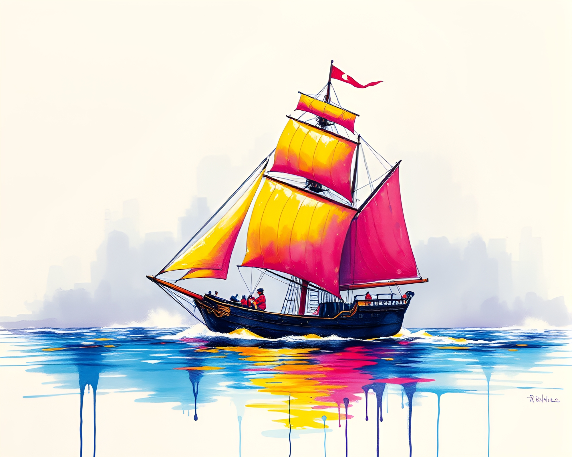 Sail Ship in Ultraviolet with Calligraphy Paint Drips – free AI stock image