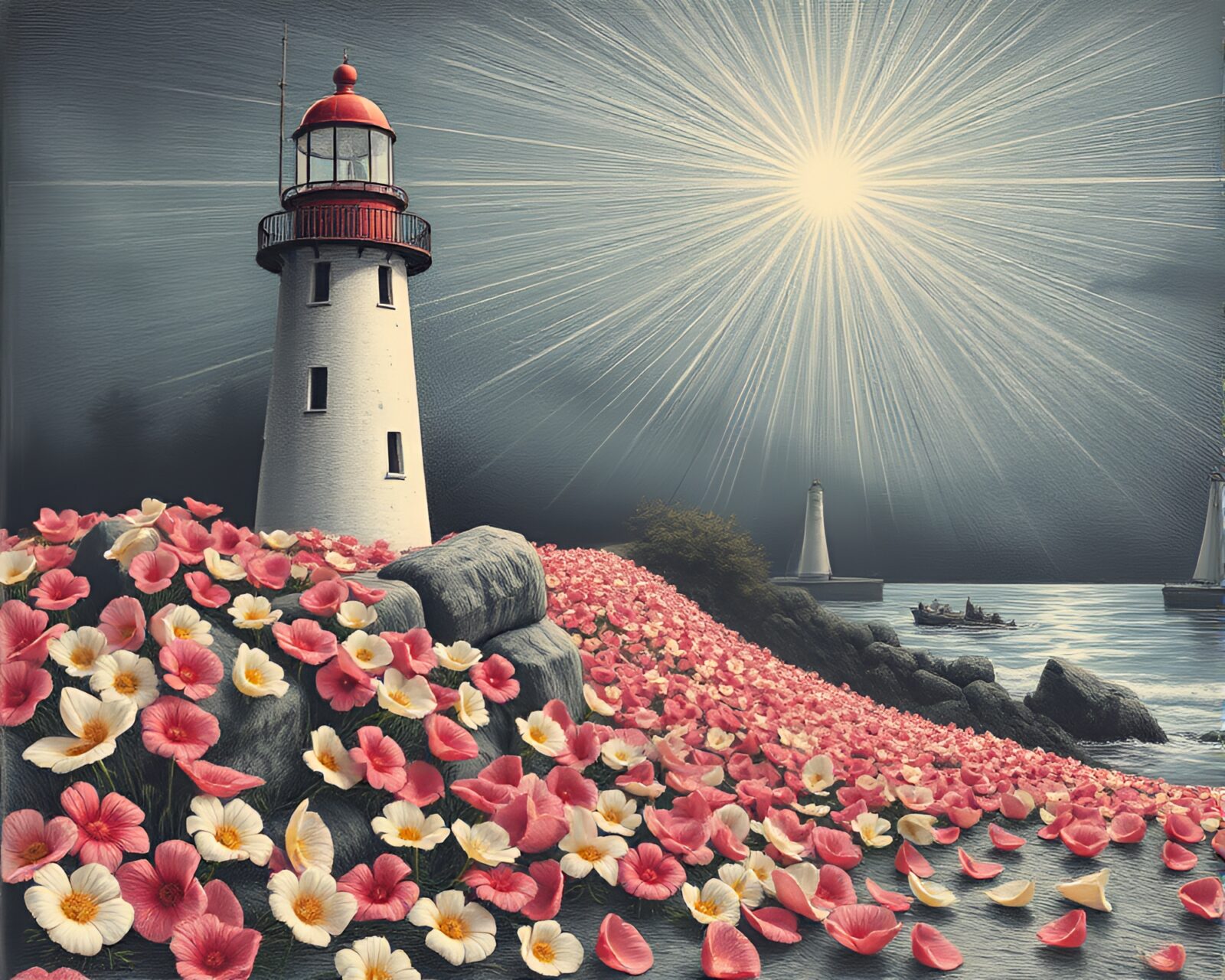 Ethereal starburst colors surround an abandoned lighthouse with flower petals scattered around