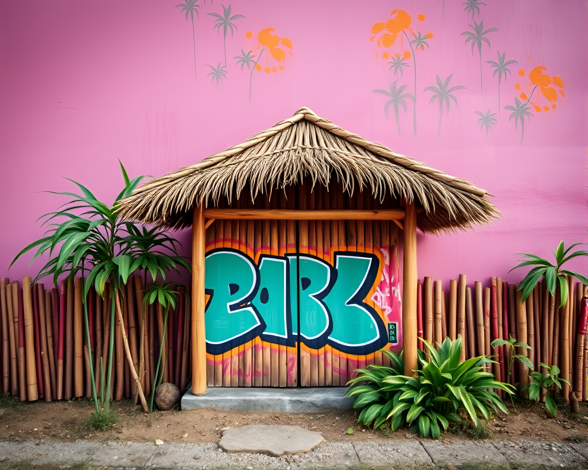 Graffiti Bamboo Hut Off-Center Material Design – free AI stock image