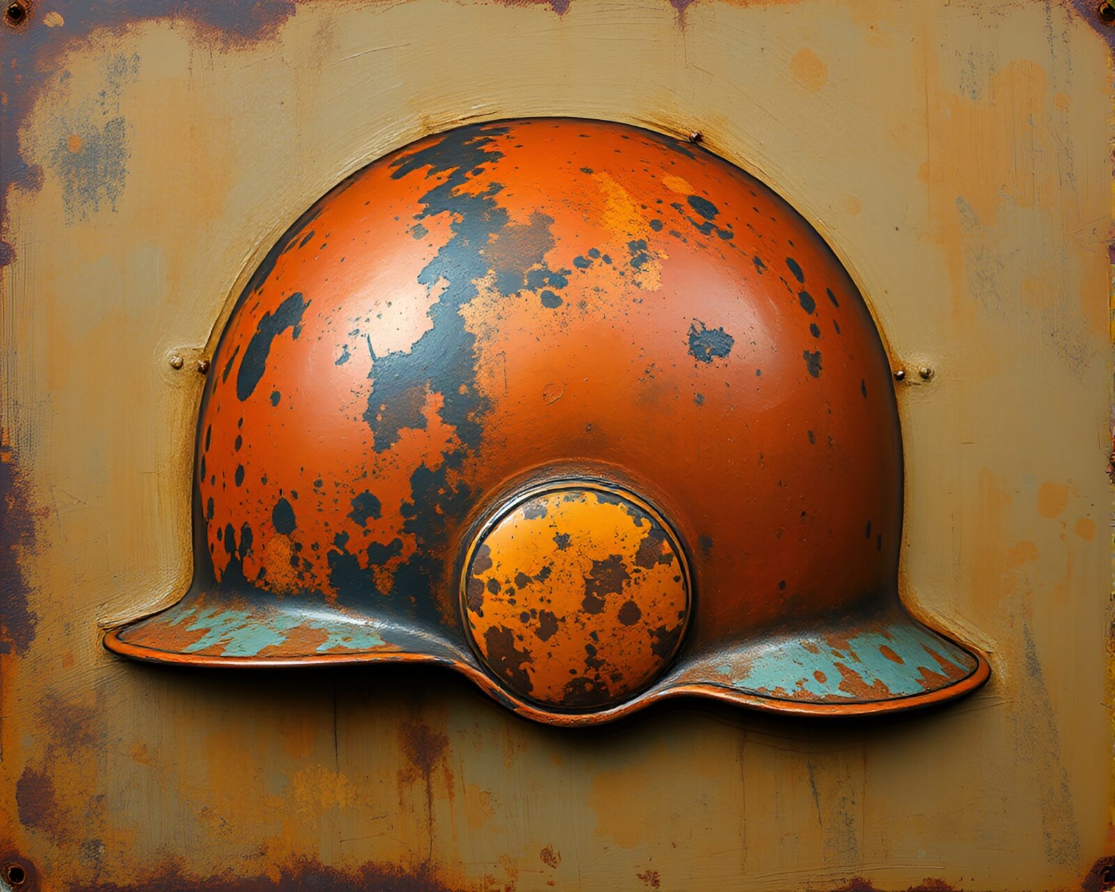 Ancient helmet with vibrant triadic colors and textured rust