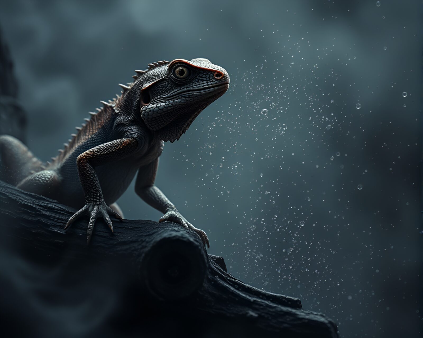 Fantasy creature bursting through haze of dust particles