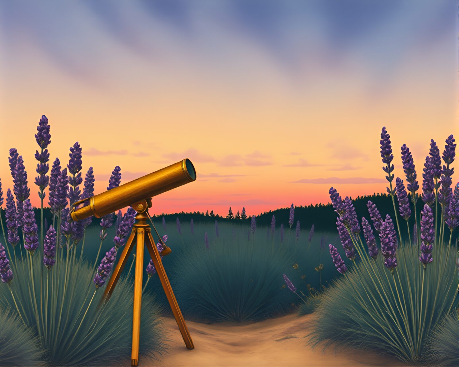 Egg tempera painting of antique telescope in twilight forest