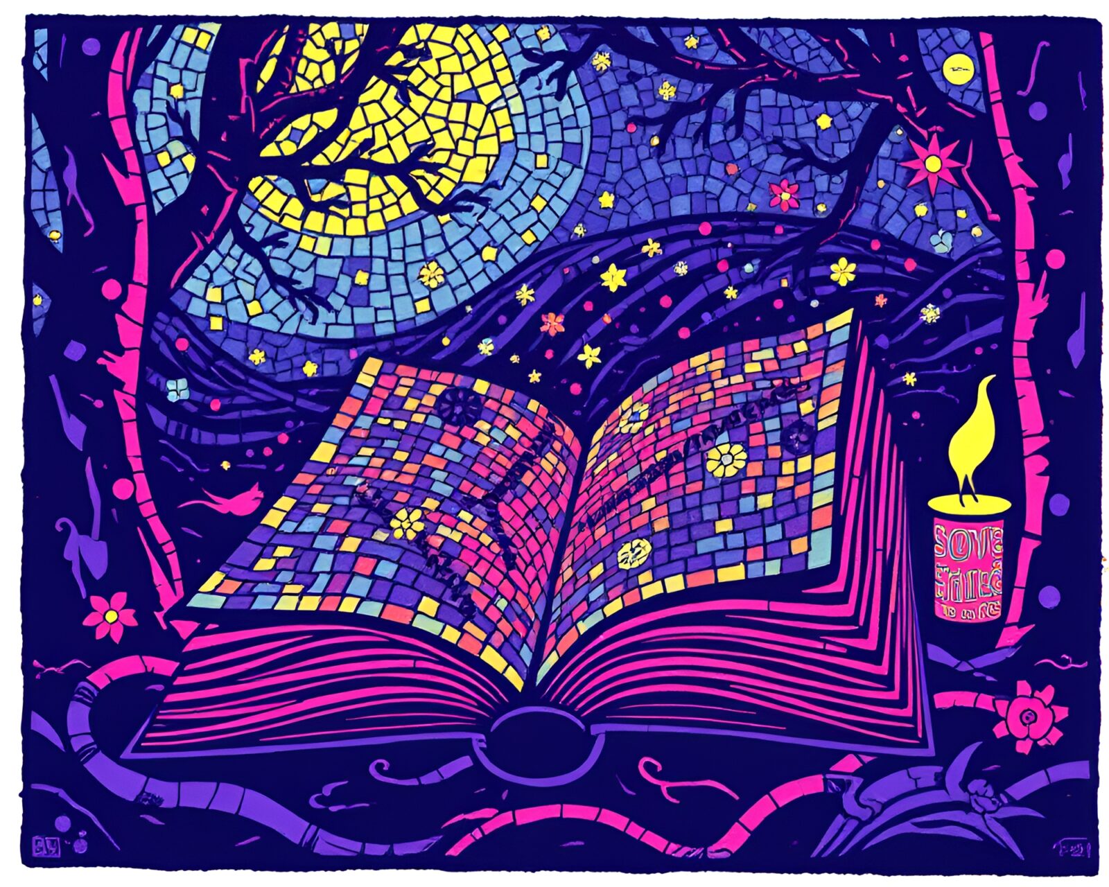 A magical book glowing in ultraviolet light with tiled mosaic background