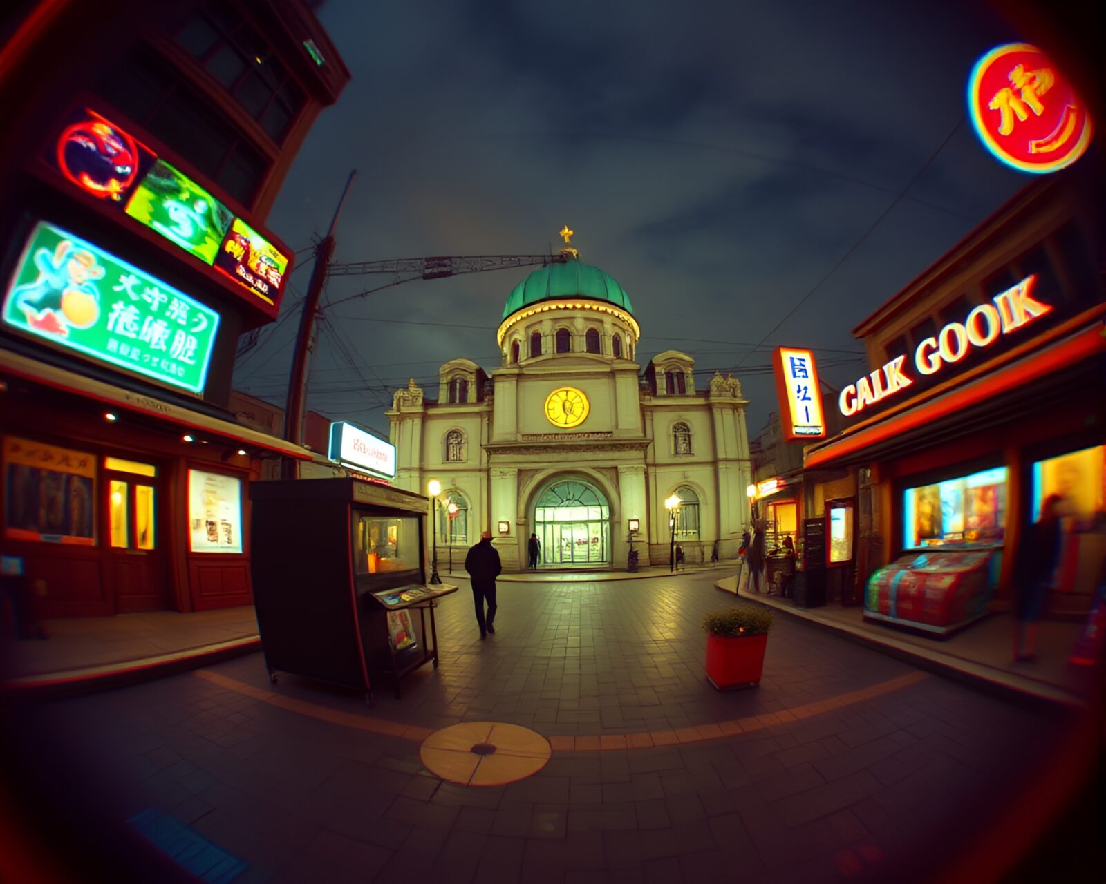 Surreal fisheye view of a golem in retro colors