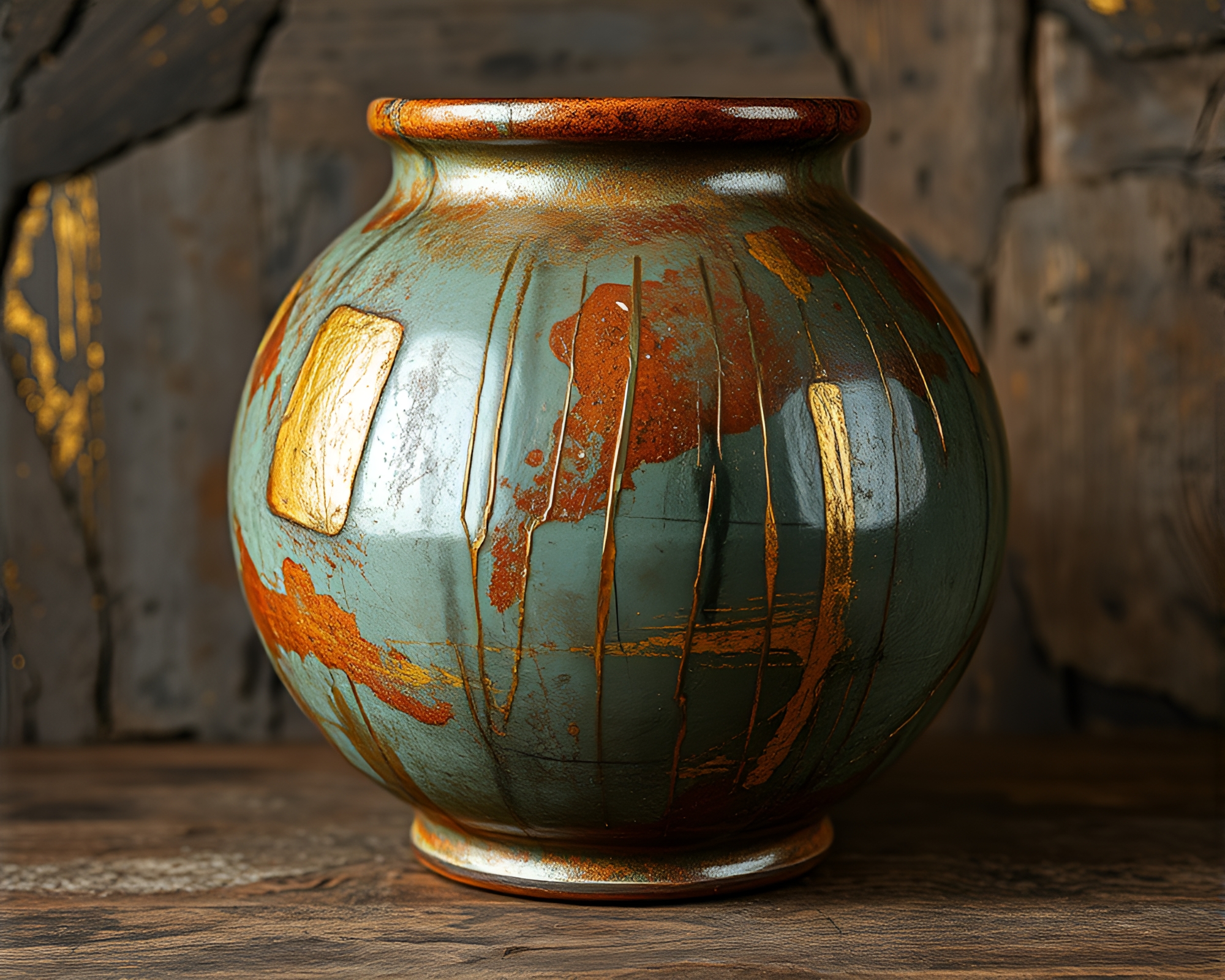 Rustic Pottery Illuminated by Theatrical Metal Scratches – free AI stock image