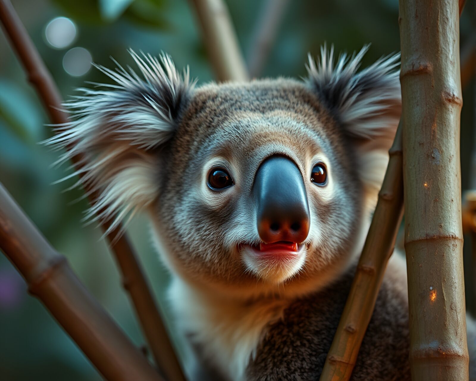 Majestic koala in vibrant jewel-toned photogrammetry setting on fire backdrop