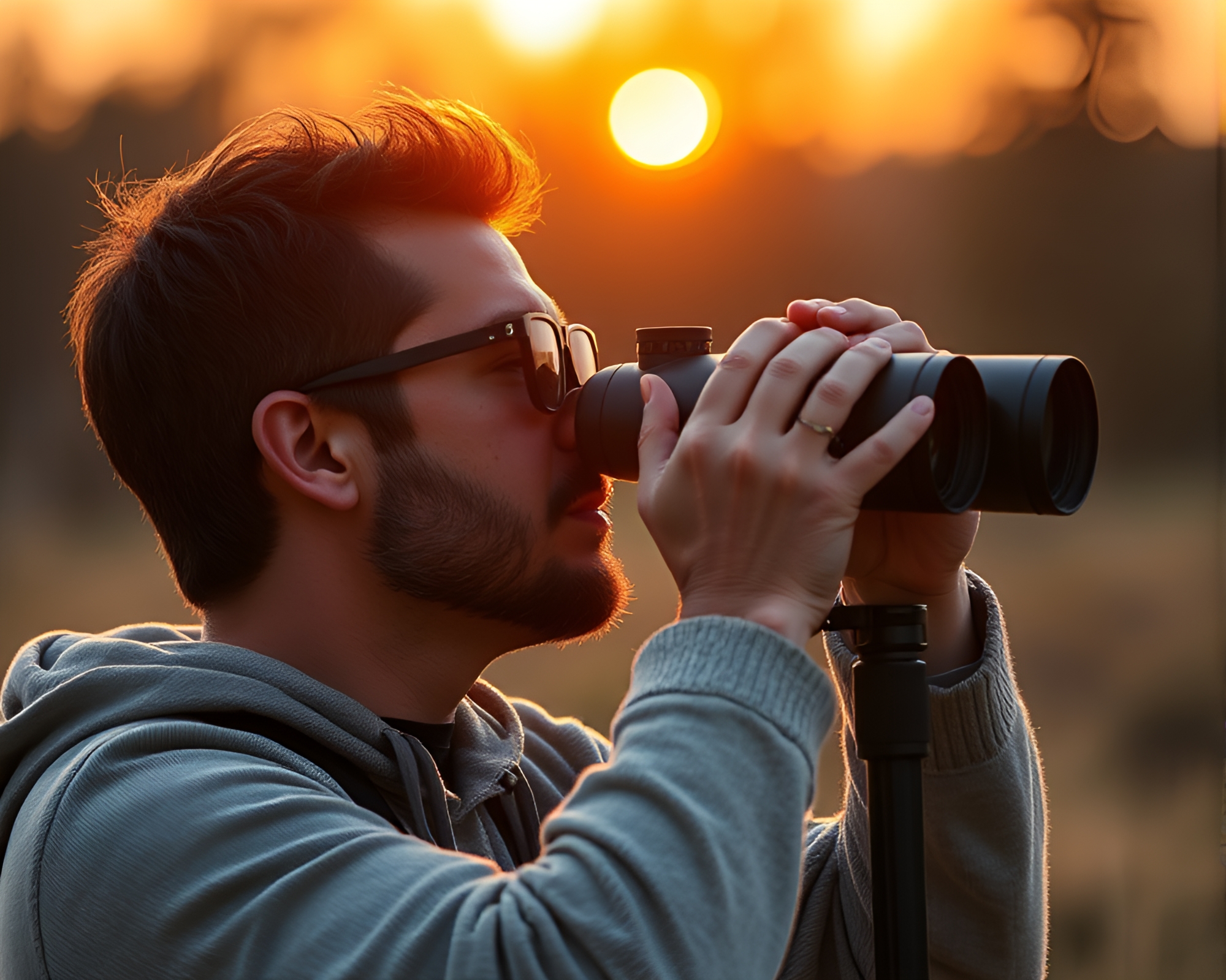 Binocular-wielding figure in dazzling sunset light captured candidly – free AI stock image