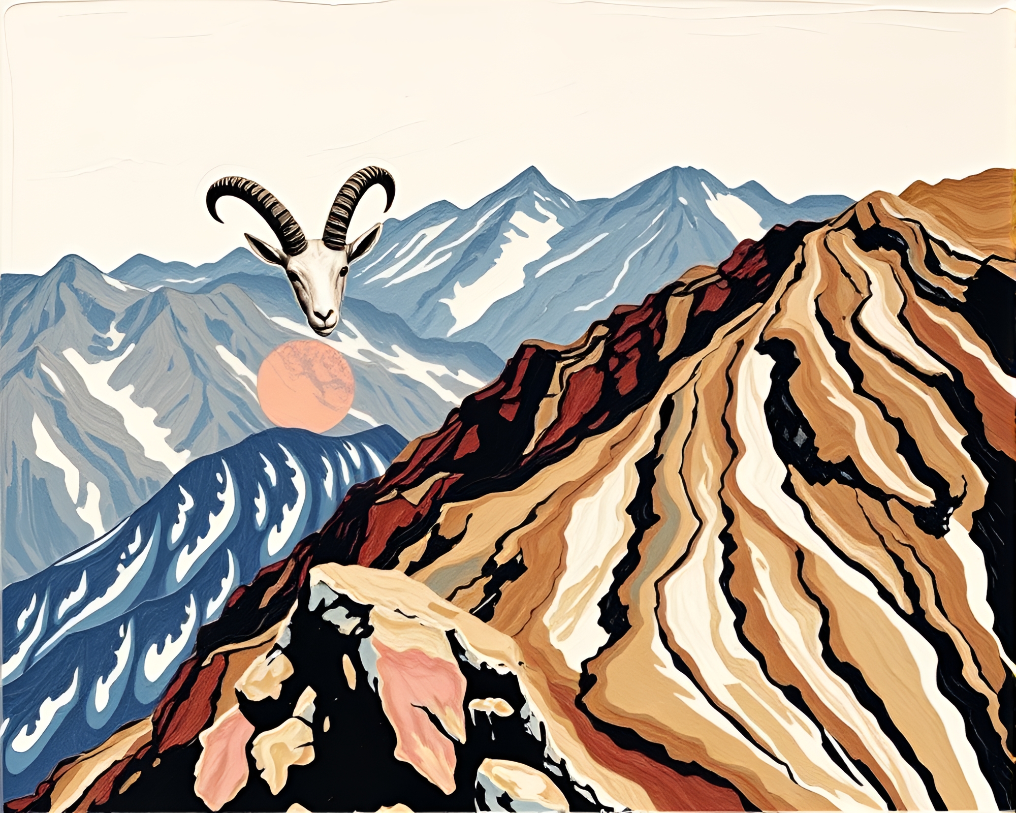 Majestic Mountain Goat in Linocut Impasto Print – free AI stock image