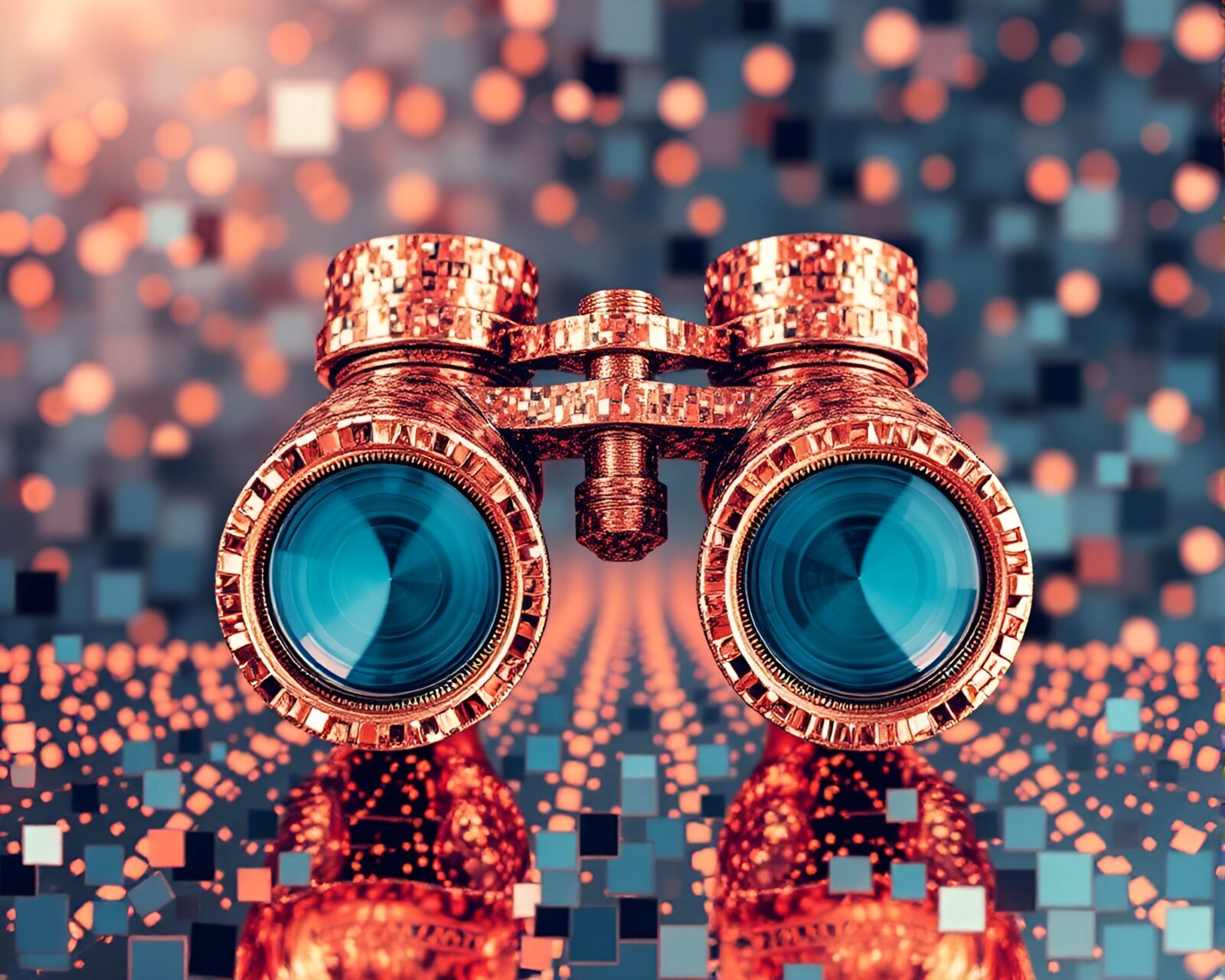 Fragmented mosaic path in rose gold lighting through binoculars