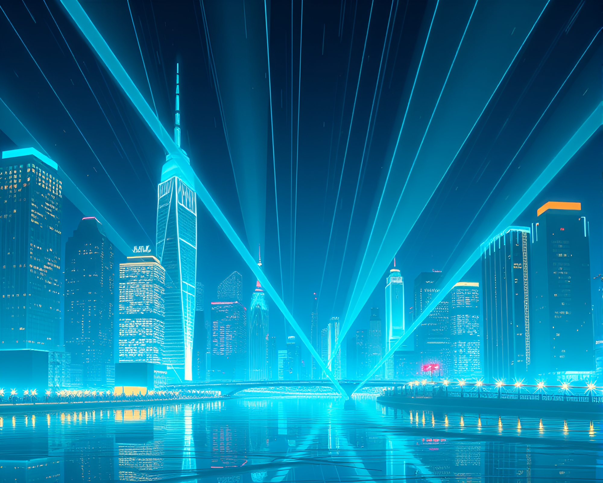 Virtual Cityscape with Turquoise Laser Beams – free AI stock image