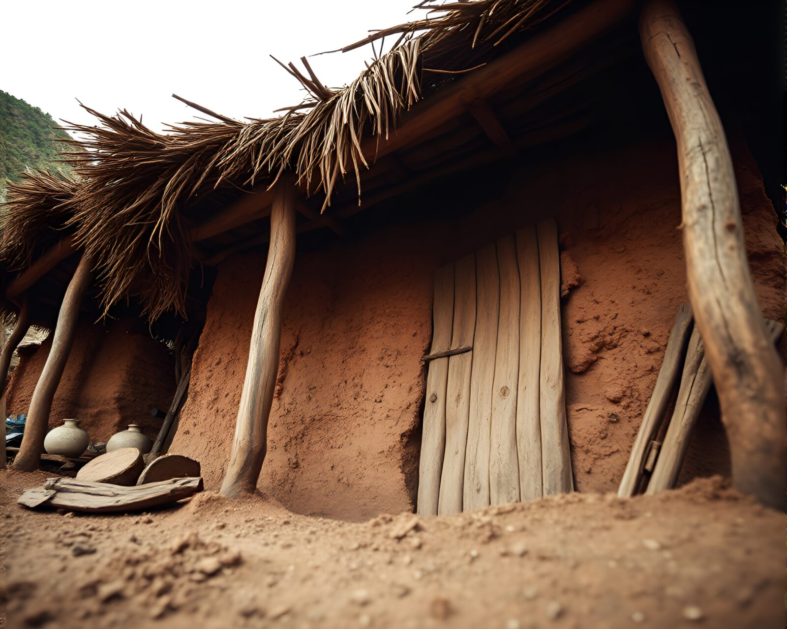 Rustic mud hut under muted earth tones with halftone pattern