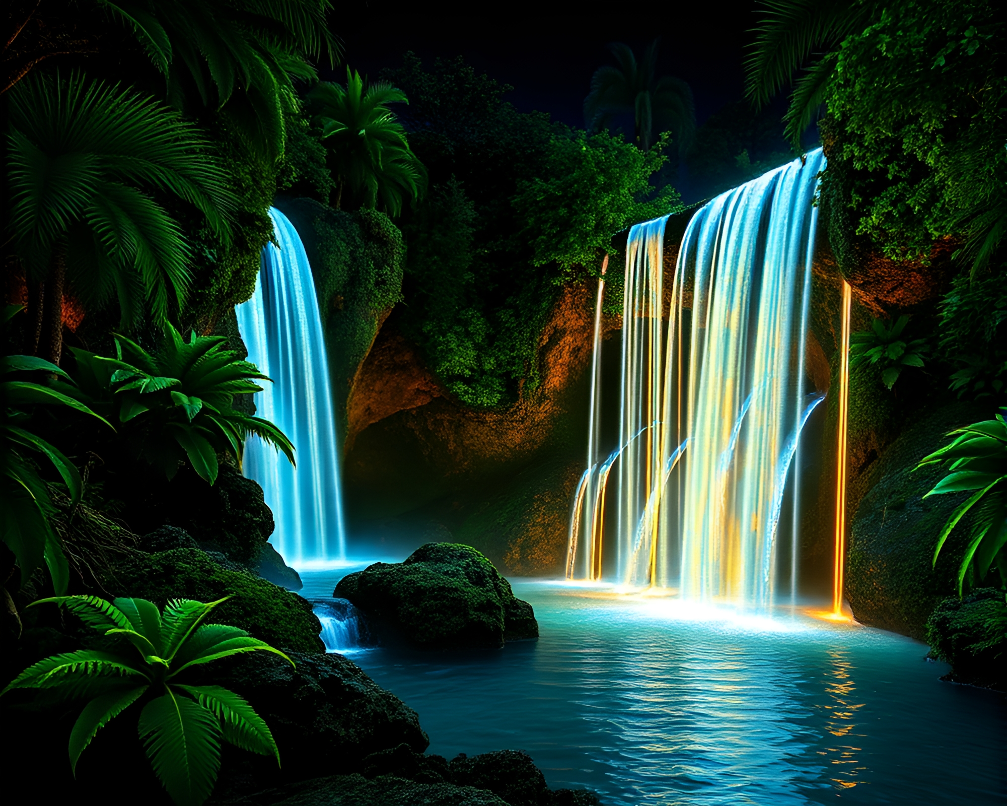 Tropical Waterfall Lined with Fractal Lights – free AI stock image