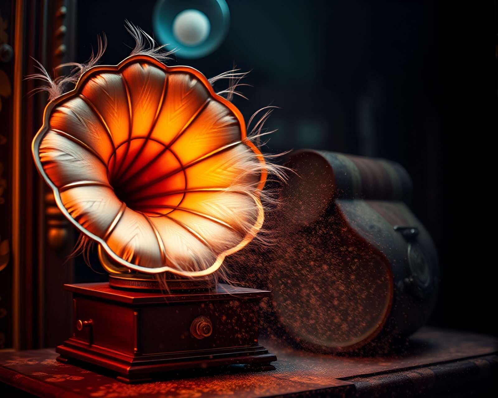 Intricate feather dusting on a vintage steampunk gramophone