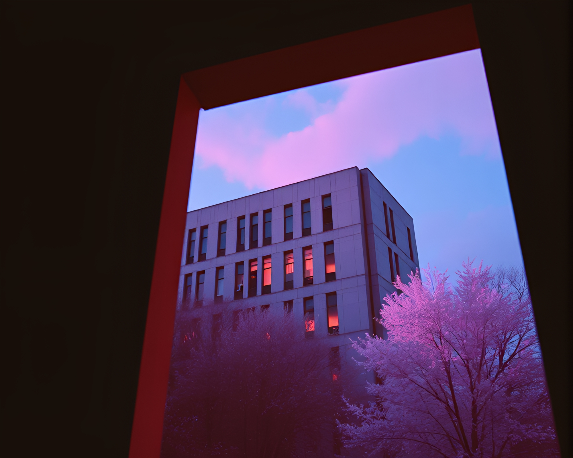 Surreal Infrared Dawn: Brutalist Building Composition – free AI stock image