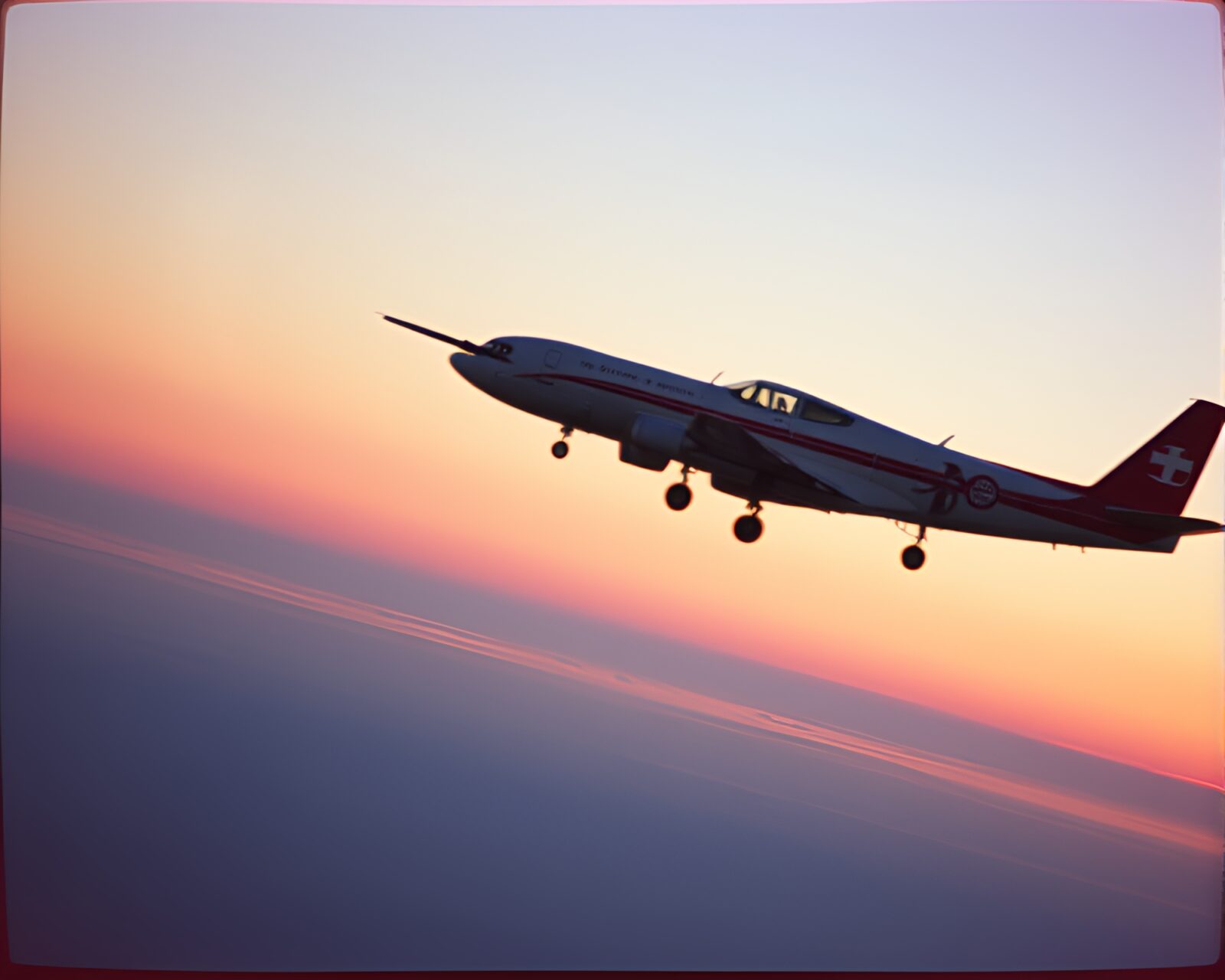 A glowing airplane surrounded by soft peachy tones