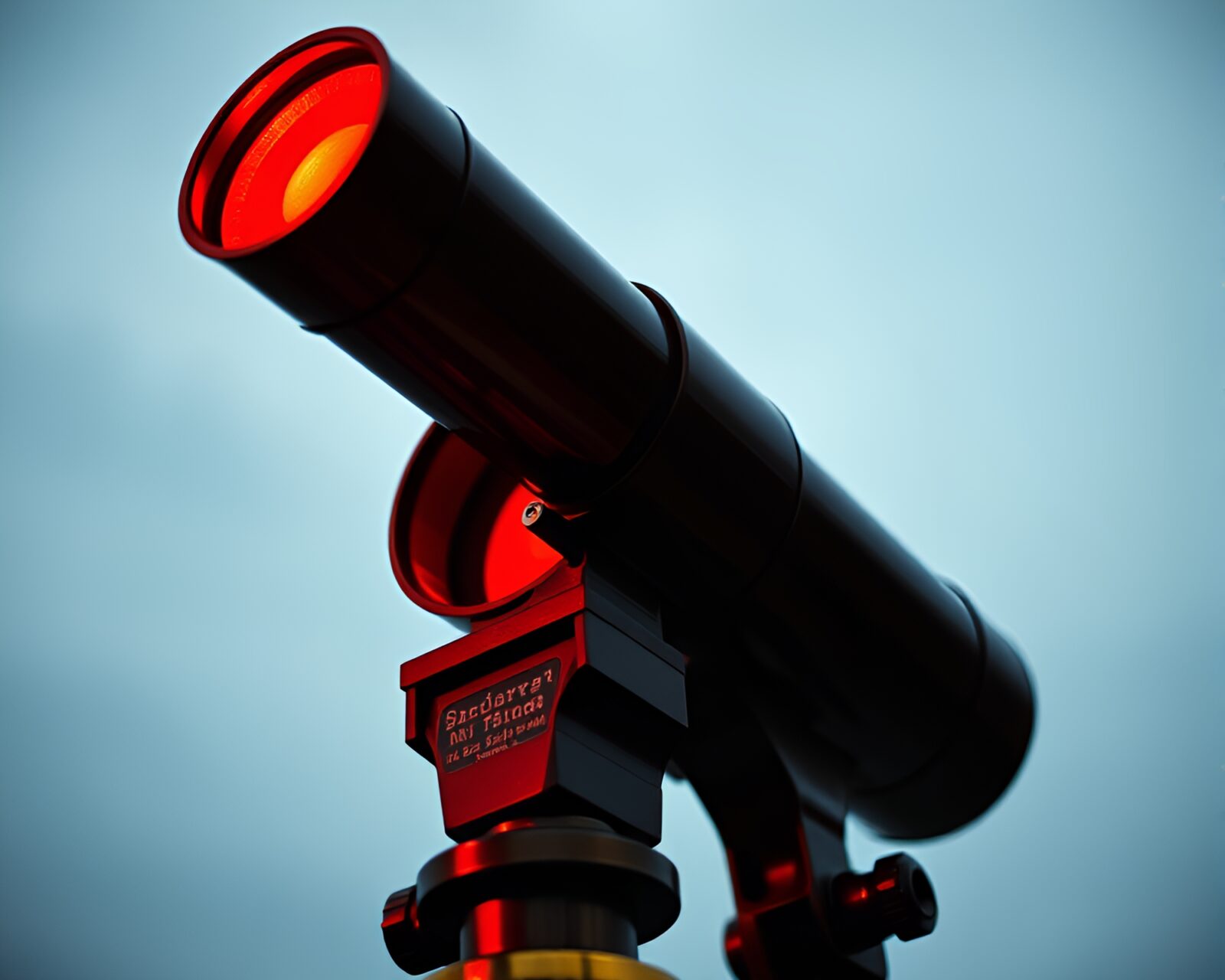 Low-angle shot of a brass telescope against brick red background