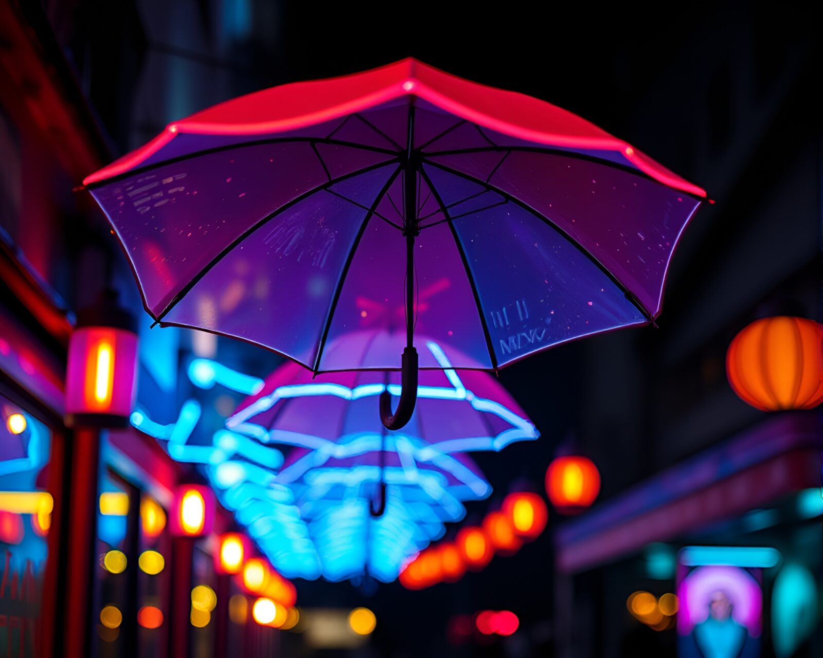 Colorful neon umbrella shining in a dark cel shaded room