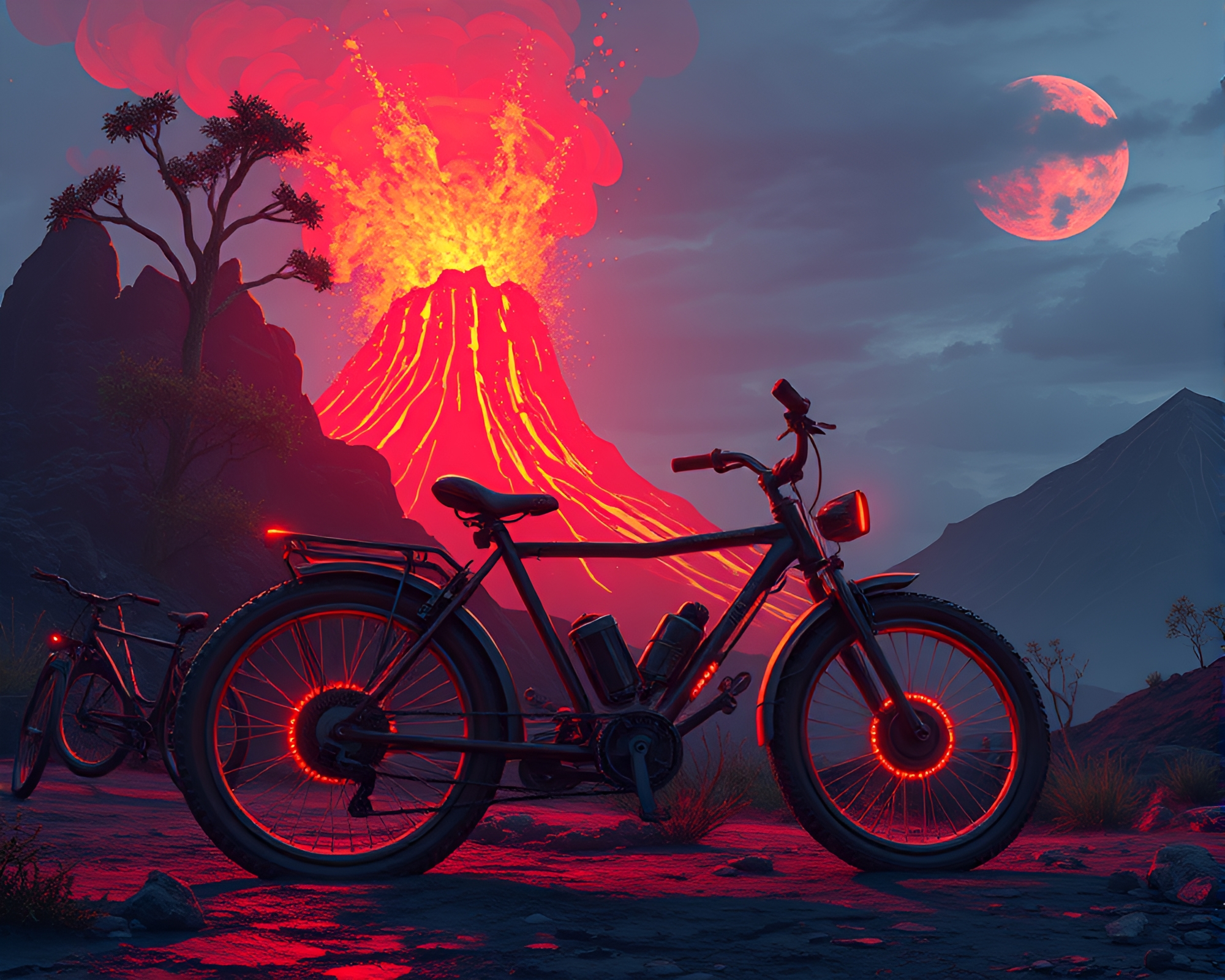 Solar-Powered Bike in Volcano-Red Cyberpunk City – free AI stock image