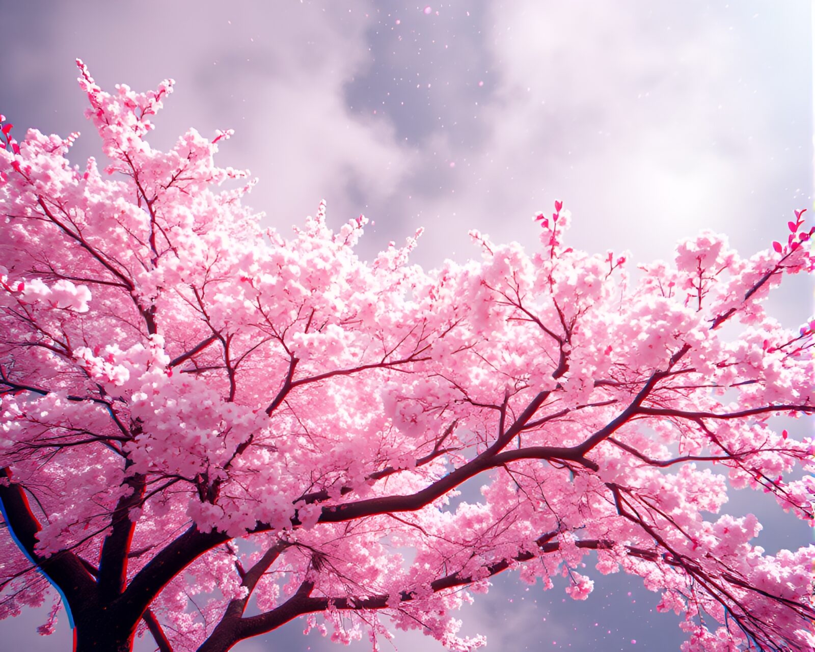 Glowing cherry blossom tree surrounded by steam, in 3D vision