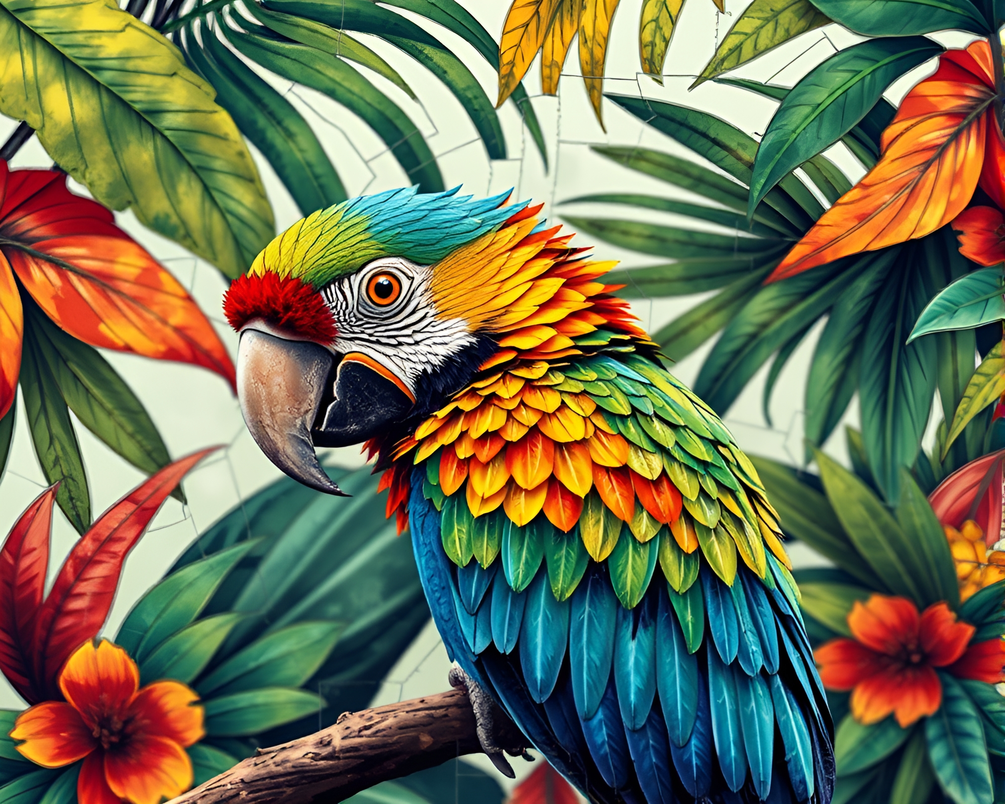 Tropical Parrot Calligraphy Kaleidoscope Mosaic – free AI stock image
