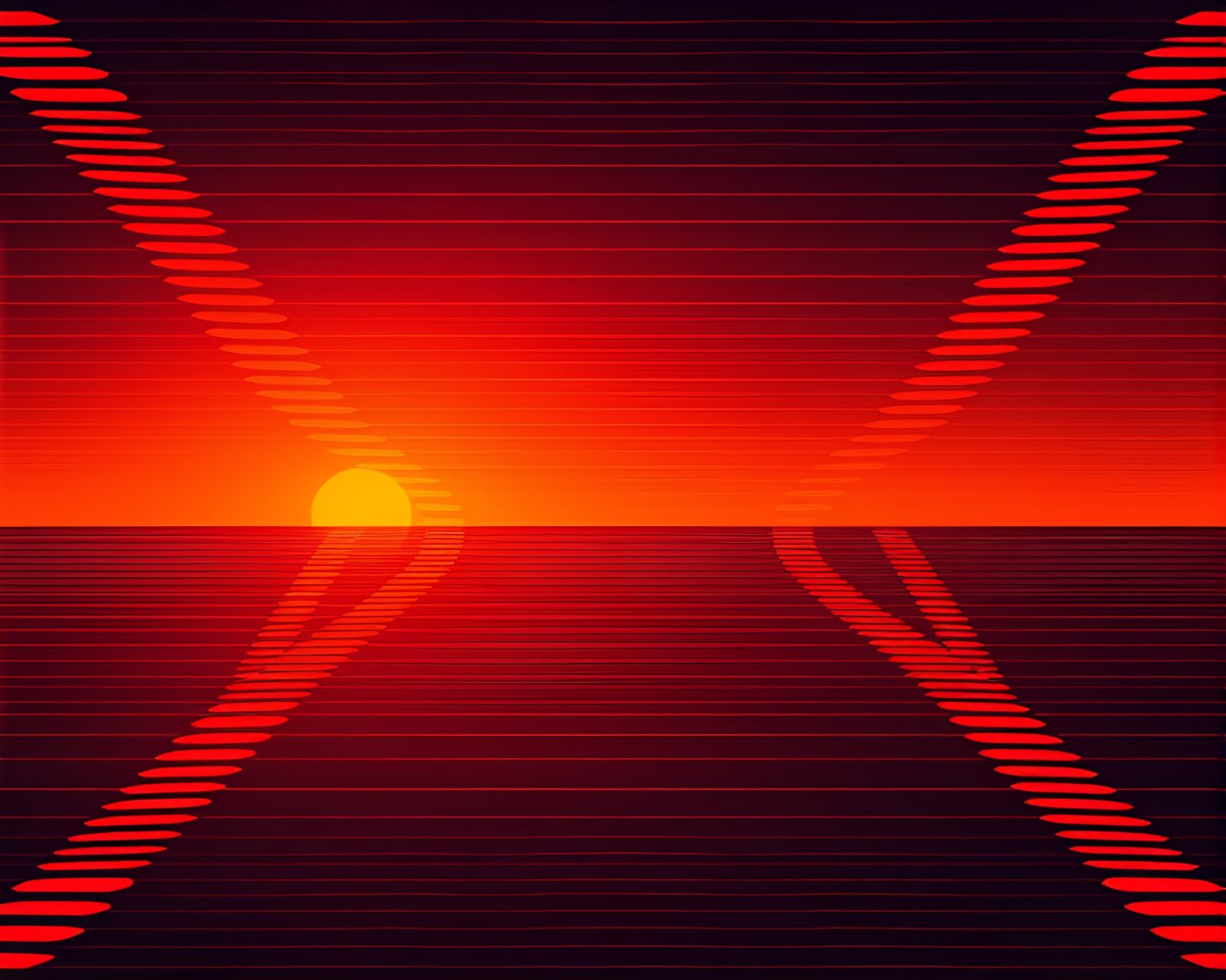 Symmetrical orange grid with retro wave textures at sunset
